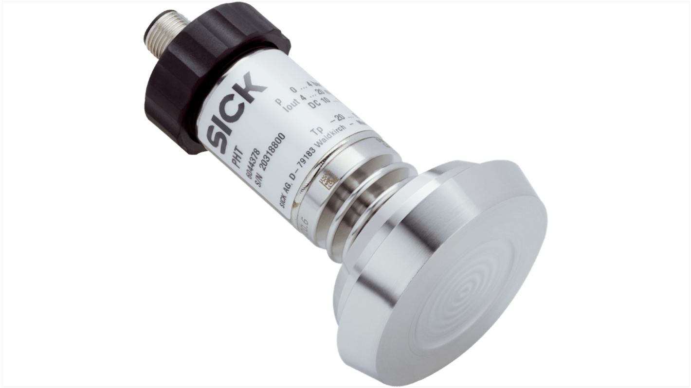 Sensore di pressione relativa Sick PHT-RB025E520S0AMS0Z, massimo 25 bar, uscita 4-20 mA, custodia in acciaio inox, IP67.