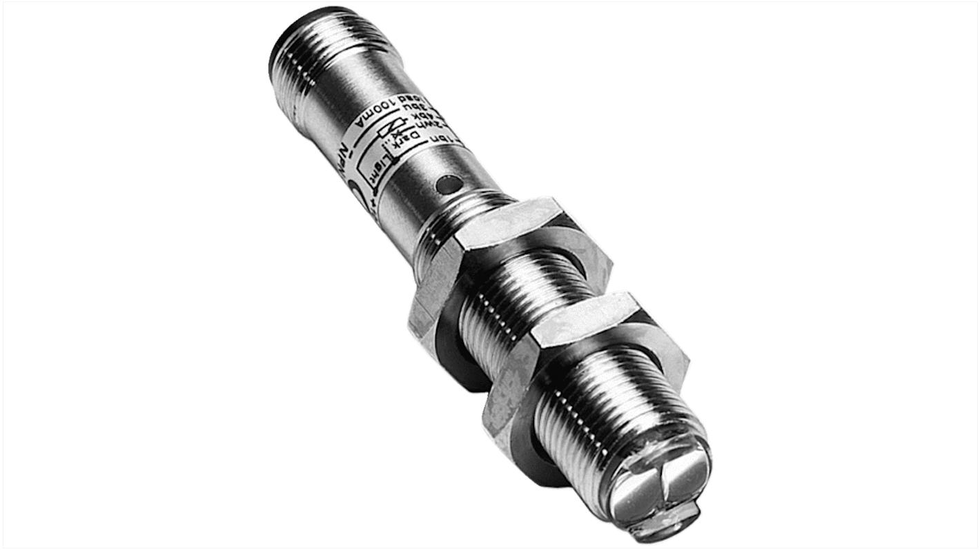 Sensore fotoelettrico cilindrico Sick VL12-2N430 a retroriflessione, rilevamento fino a 2,8 m, uscita NPN, IP67.