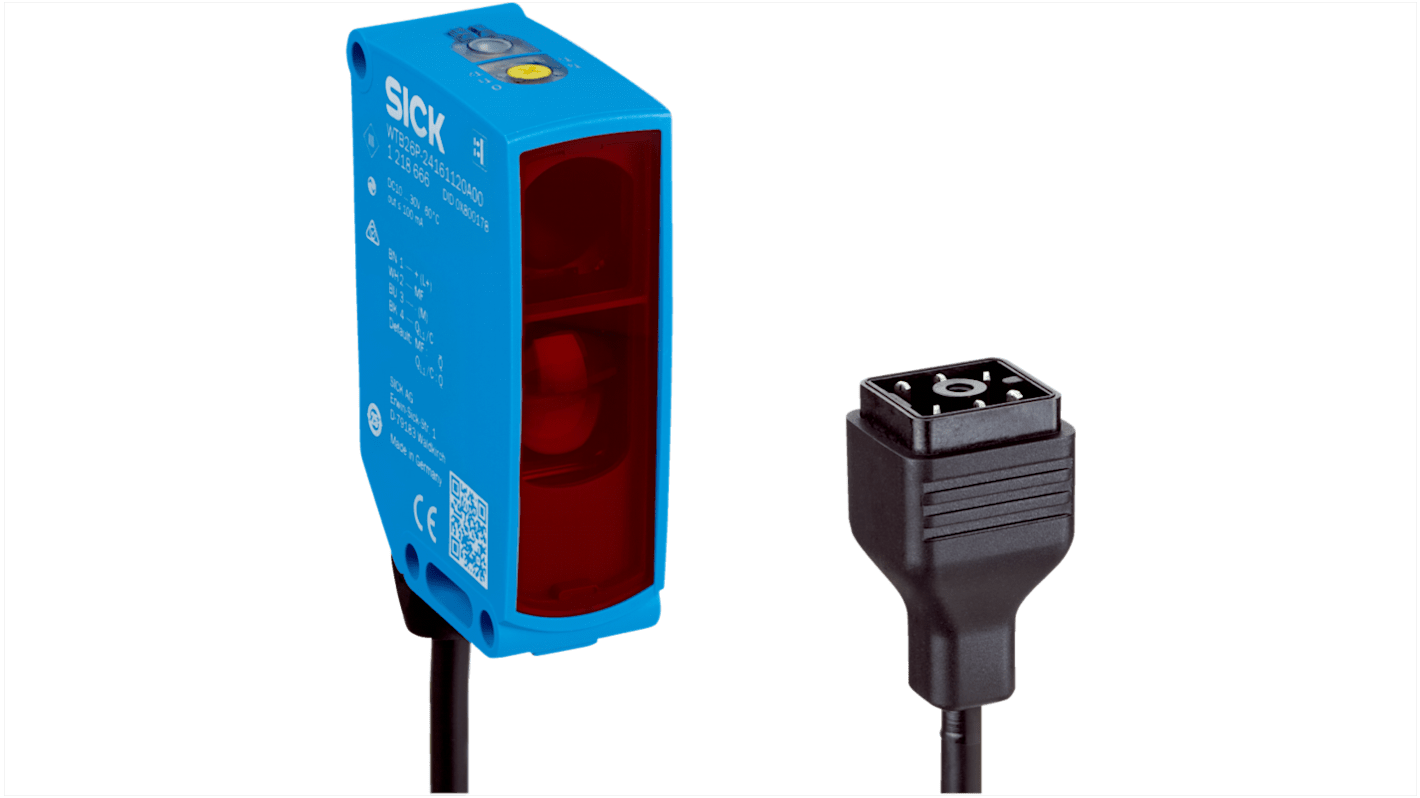 Sensore fotoelettrico rettangolare Sick WLA26P-39721102ZZZ, rilevamento fino a 18 m, uscita PNP/NPN, IP65, montaggio a pannello.