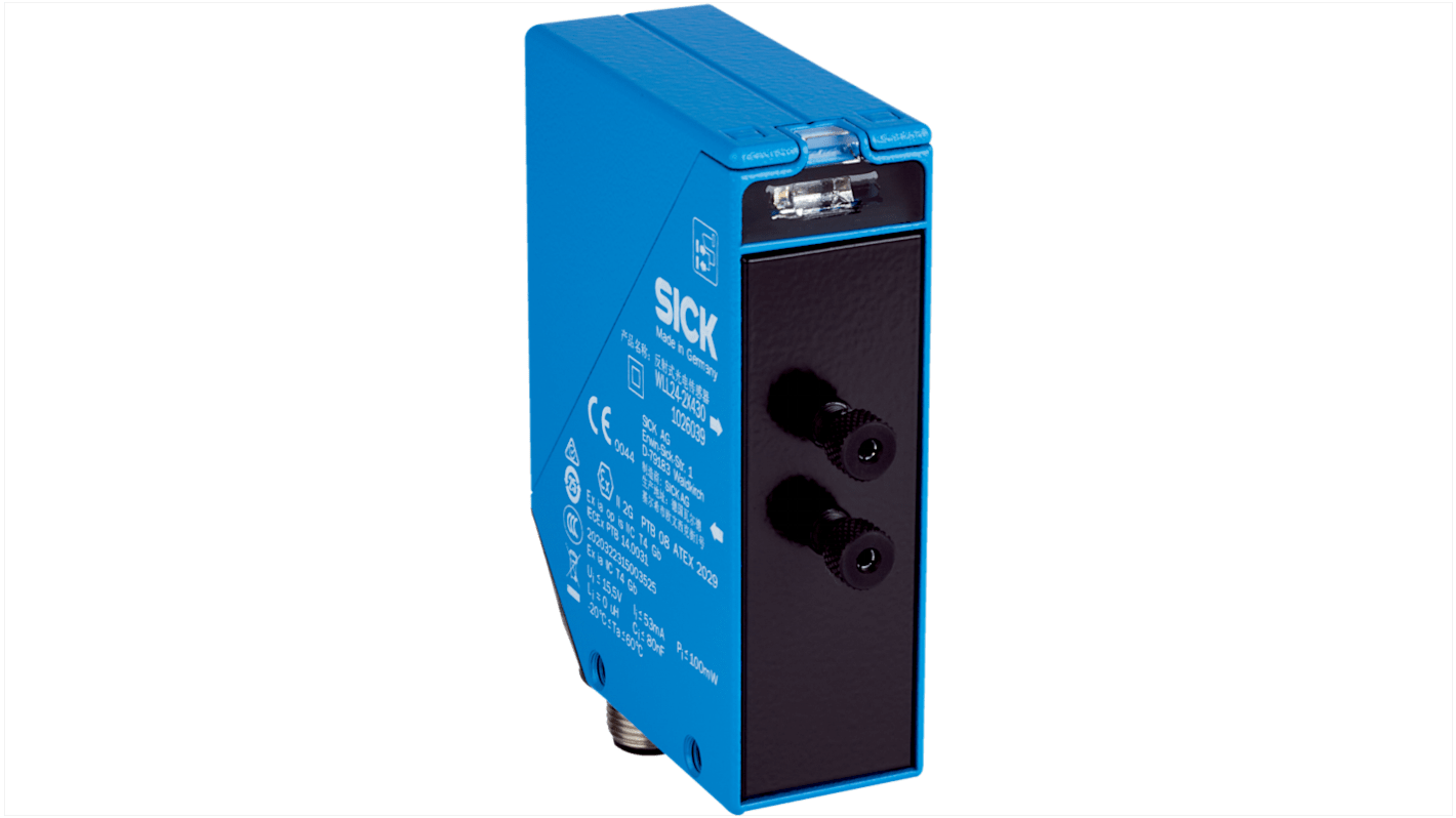 Sensore per fibre ottiche Sick WLL24-2X430, IP65, rilevamento 0-1000 mm, alloggiamento in zinco, dimensioni 27 x 87,5 x 74,7 mm.