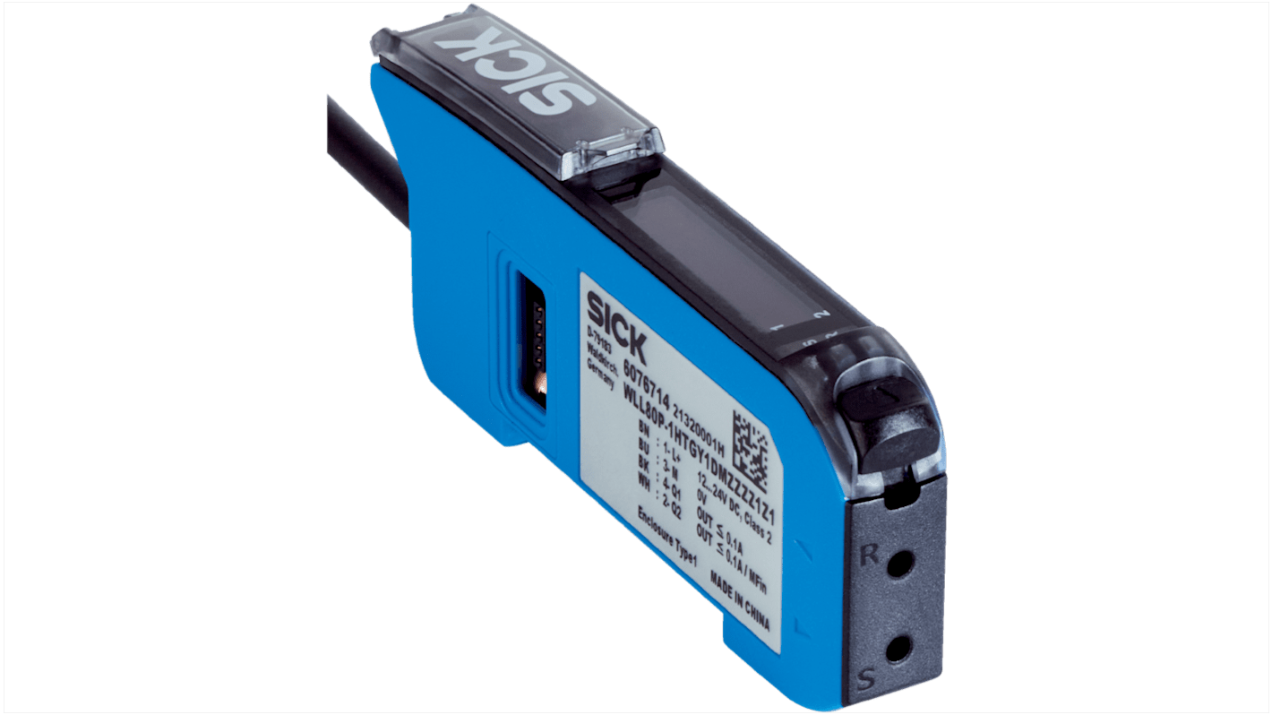 Sensore per fibre ottiche Sick WLL80P-1HTGY1DMZZZZ1Z1, PNP-NPN, IP54, 12-24 V CC, campo di rilevamento 20 m, dimensioni 79,2 x 33,2 x 10,5 mm.