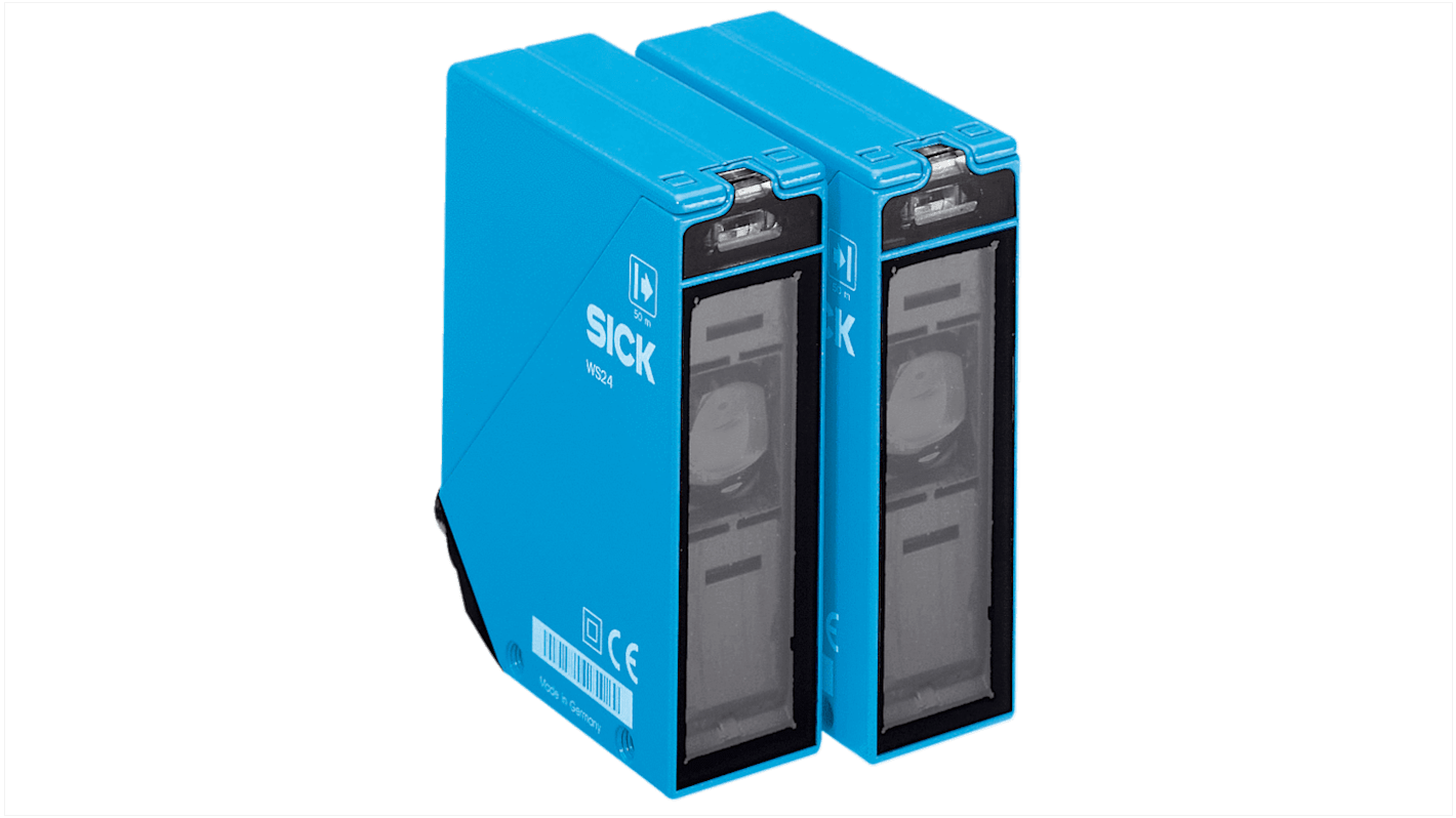 Sensore fotoelettrico rettangolare Sick WS/WE24-2R230, rilevamento fino a 60 m, montaggio a pannello, grado di protezione IP67.