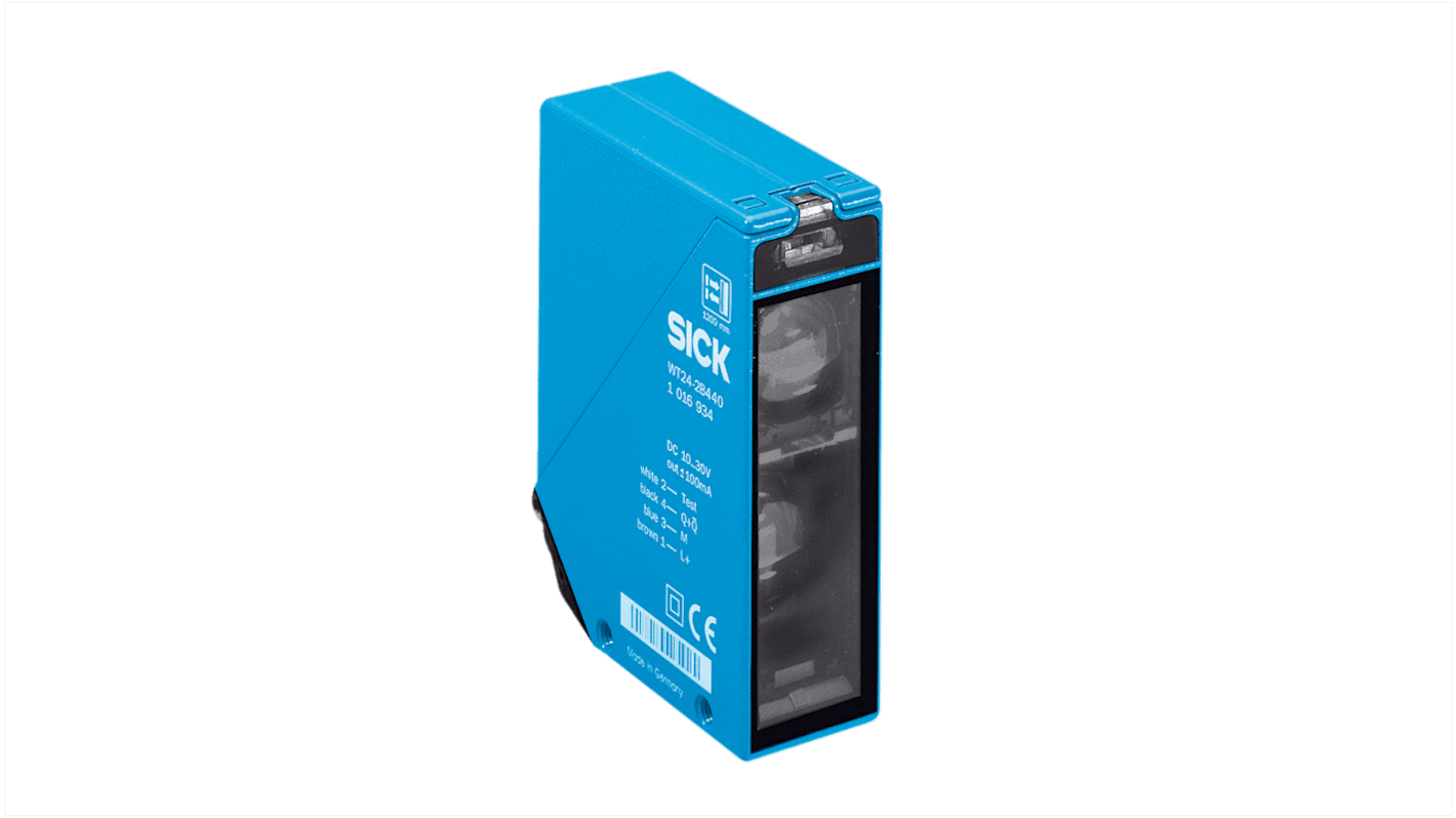 Sensore fotoelettrico rettangolare Sick WT24-2V250 con soppressione di sfondo, gamma di rilevamento 1200 mm, custodia metallica, IP67.