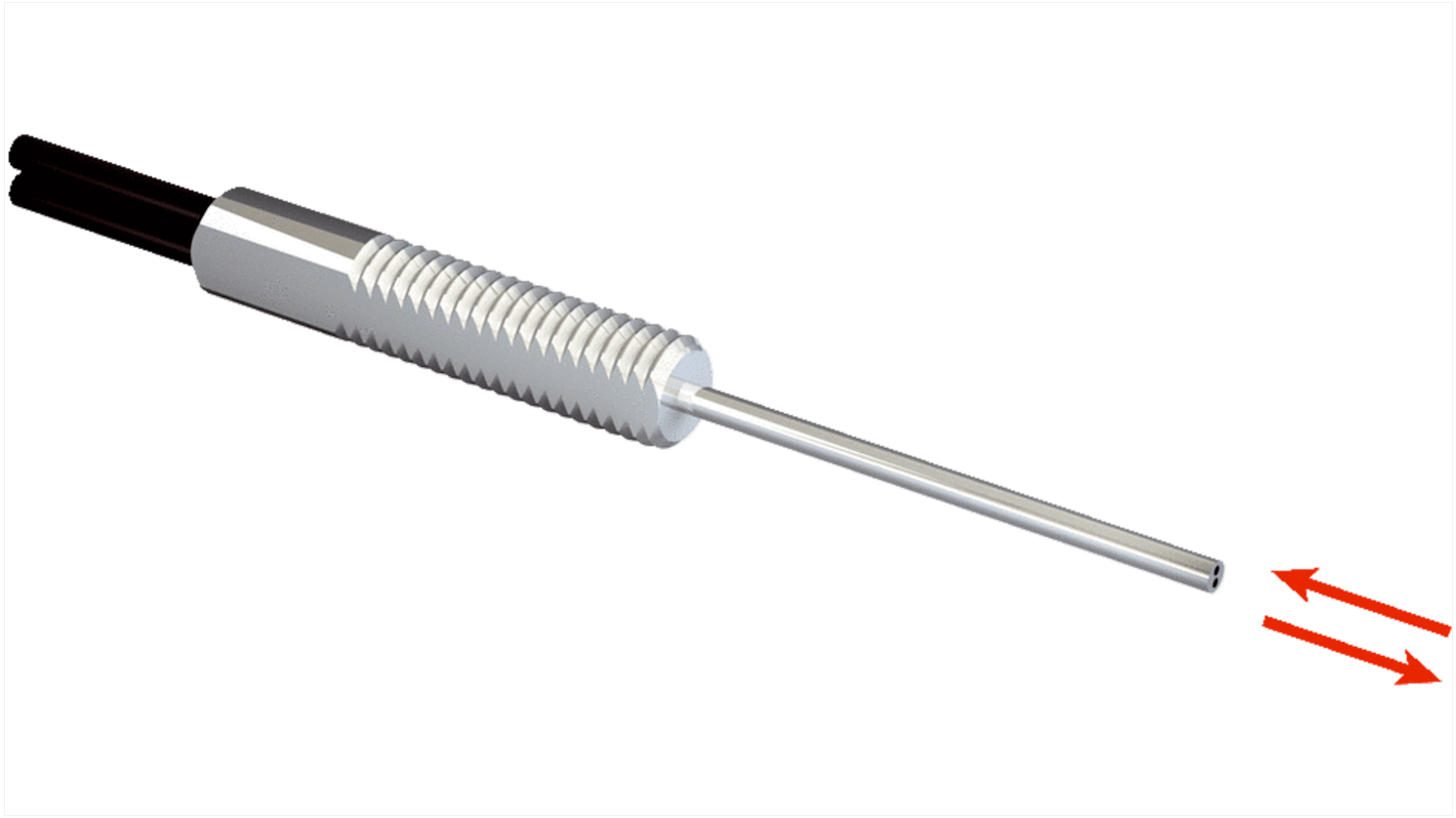 Sensore per fibre ottiche Sick LL3-DT02, custodia in acciaio inox, rilevamento 225 mm, montaggio su cavo, temperatura operativa 0-70 °C.