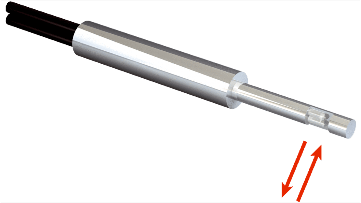 Sensore per fibre ottiche Sick LL3-DV02, custodia in acciaio inox, rilevamento 290-320 mm, montaggio su cavo, temperatura operativa +70°C.