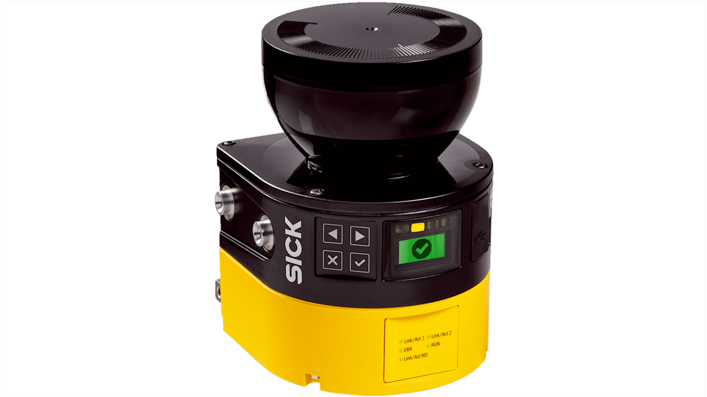 Scanner laser di sicurezza Sick MICS3-ABAZ55EN1P01, altezza protezione 5.5m, campo fino a 9m, dimensioni 112 x 150,8 x 111,1 mm.