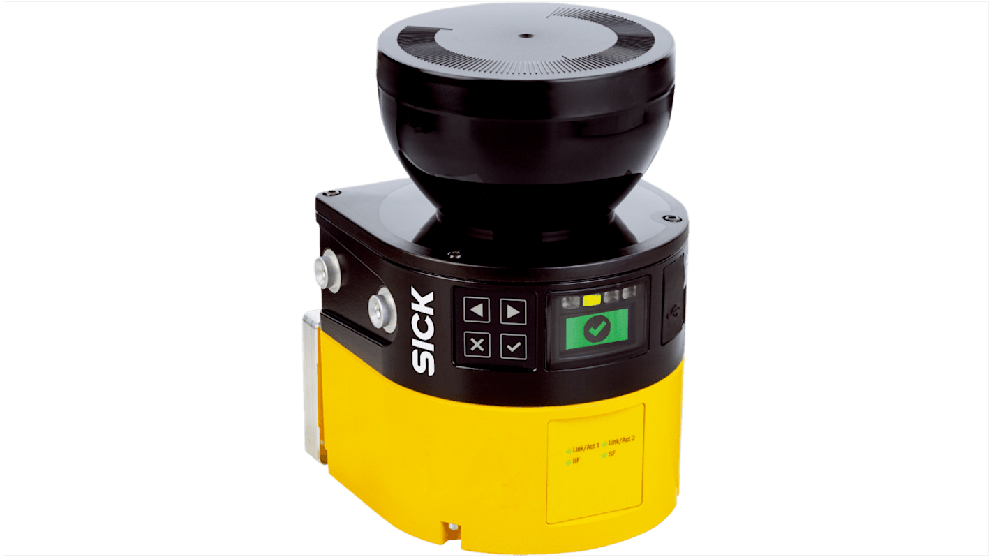 Scanner laser di sicurezza Sick MICS3-ACAZ55LZ1P01, altezza protezione 5.5m, campo fino a 9m, dimensioni 112 x 163,1 x 111,1 mm.