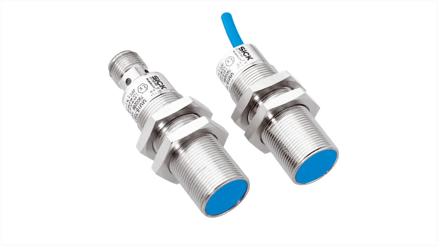 Sensore di prossimità magnetico cilindrico Sick MM18-70A-N-ZW0, uscita NAMUR, IP 67, rilevamento fino a 120 mm, dimensioni 50 x 18 mm.