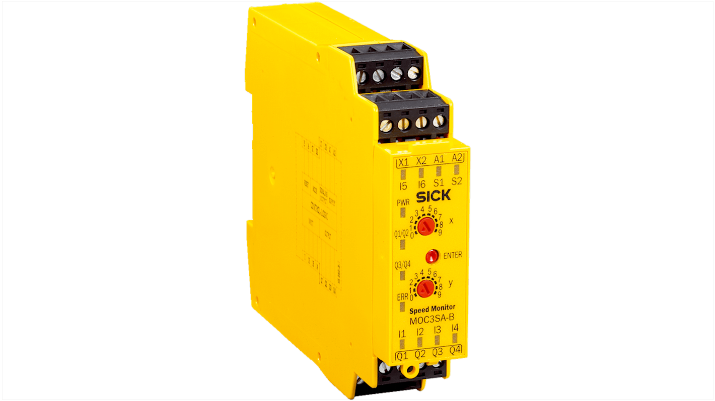 Controller di sicurezza Sick MOC3SA-AAB43D31, 24 V, 4 uscite sicure, dimensioni 22,5 x 96,5 x 121 mm, grado di protezione IP20/IP40.