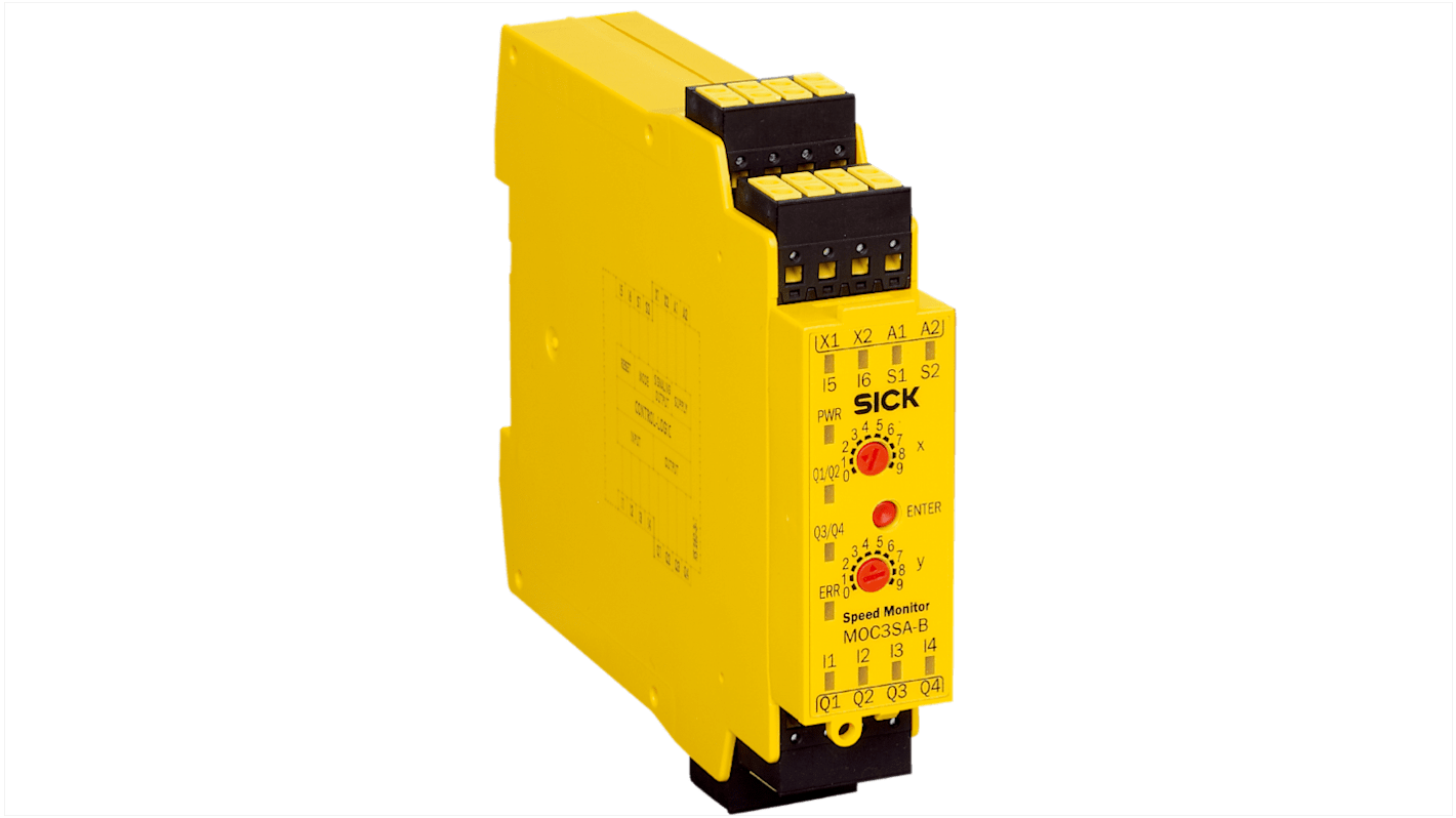 Controller di sicurezza Sick MOC3SA-BAB44D31, 24 V, 4 uscite sicure, dimensioni 22,5 x 106,5 x 121 mm, grado di protezione IP20/IP40.
