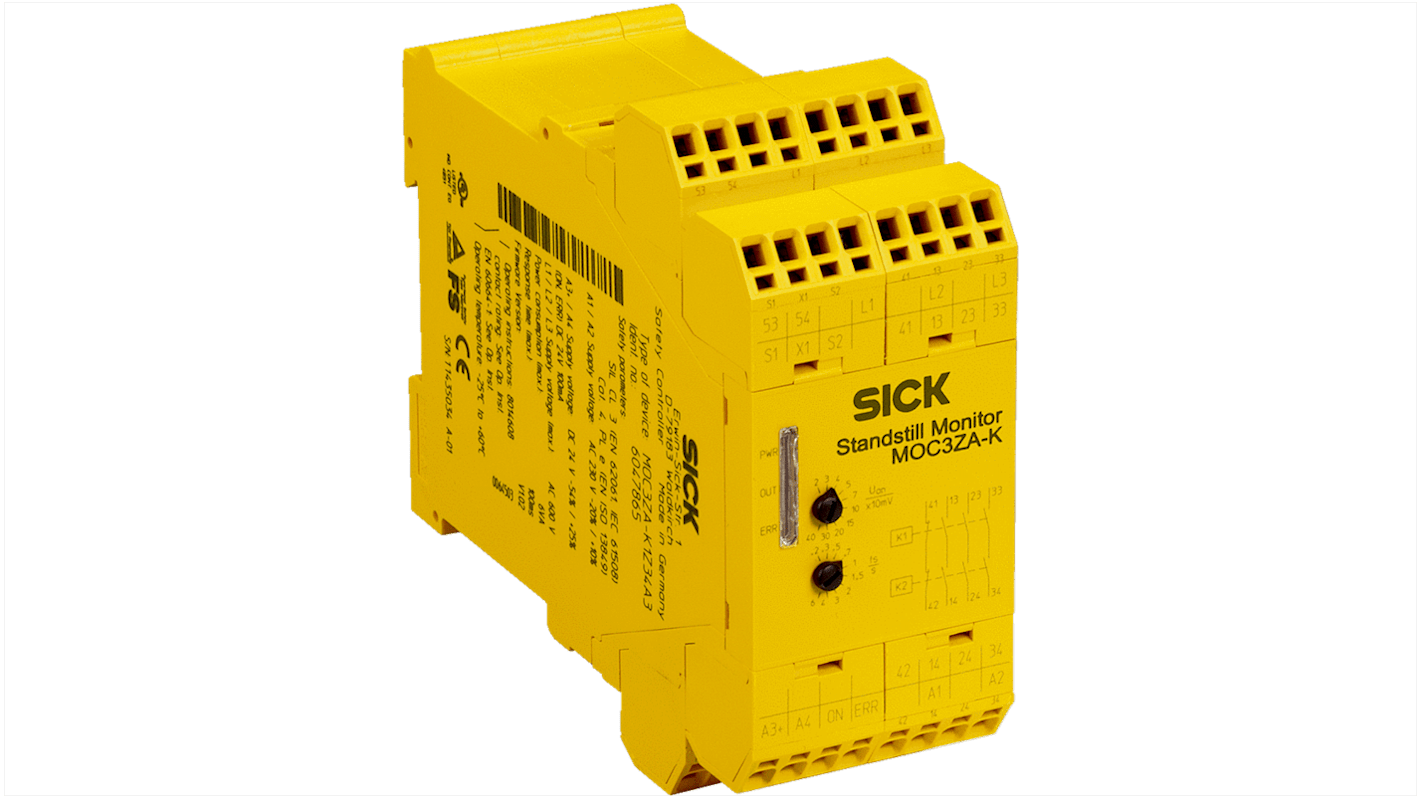 Controller di sicurezza Sick MOC3ZA-KAZ33A, 4 uscite, tensione 230 V, montaggio a vite, dimensioni 45 x 112 x 121 mm.