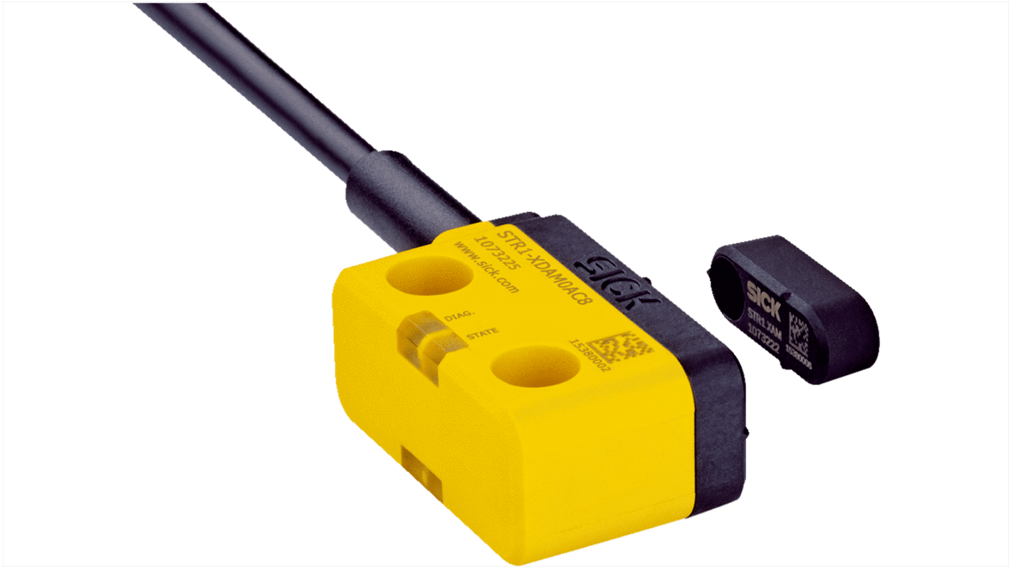 Interruttore di sicurezza Sick STR1, IP67/IP69K, dimensioni 40x18x26mm, attivazione da tre lati, operatività -30°C/+70°C.