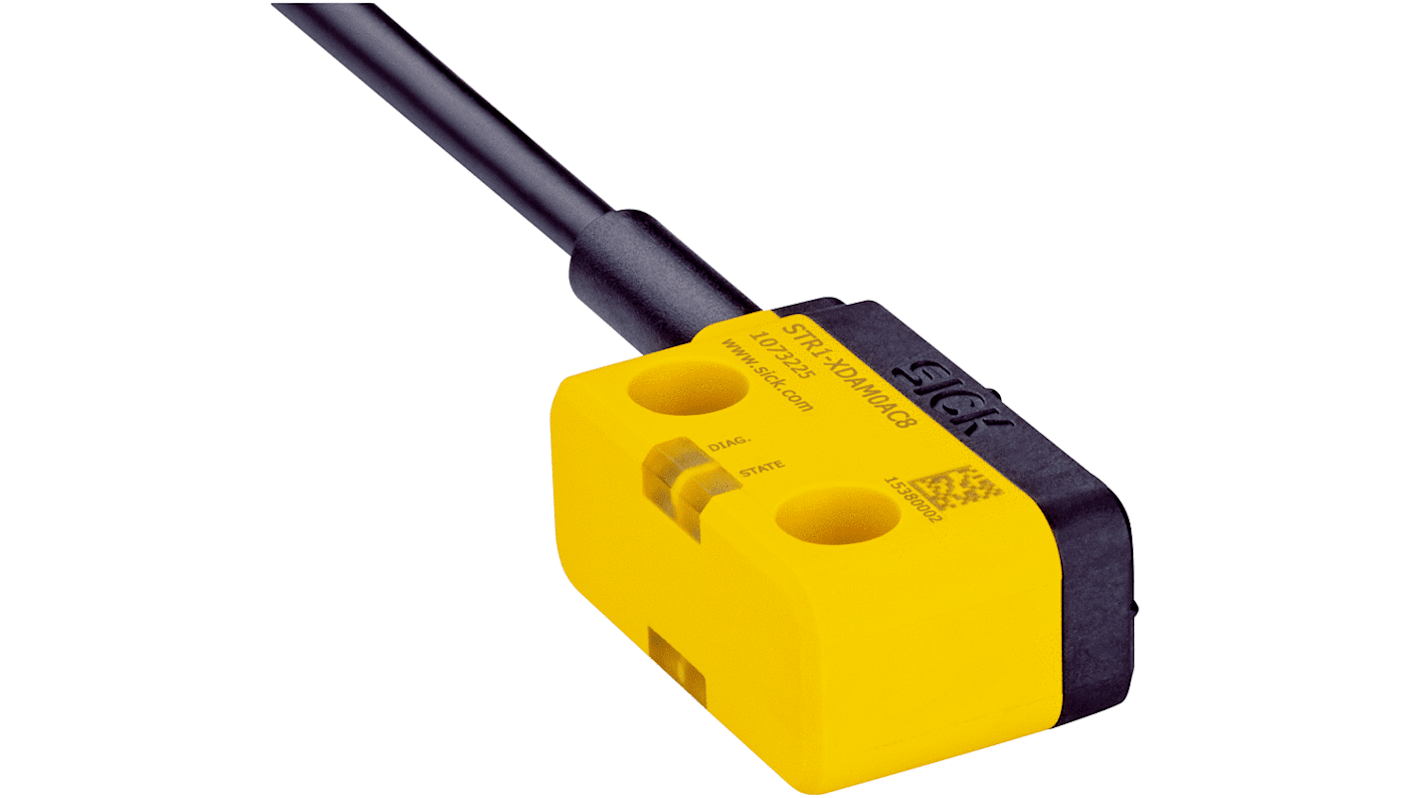 Interruttore di sicurezza Sick STR1, IP67/IP69K, dimensioni 40x18x26mm, tensione 24V cc, corrente 100mA, per montaggio in serie.