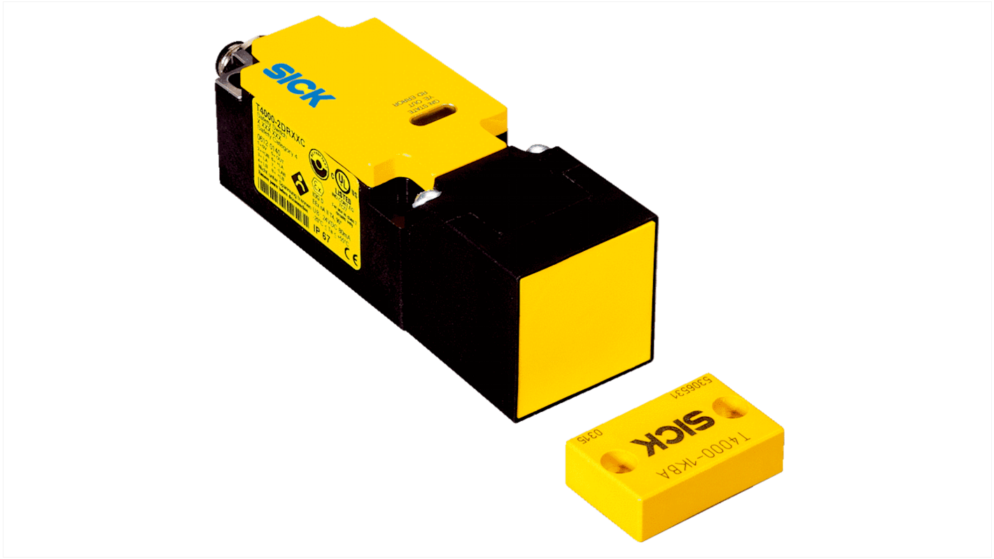 Interruttore di sicurezza Sick T4000-2DRNAC, IP67, 0,4A, dimensioni 40 x 118 x 40 mm, con indicatori LED e campo di risposta 20 mm.