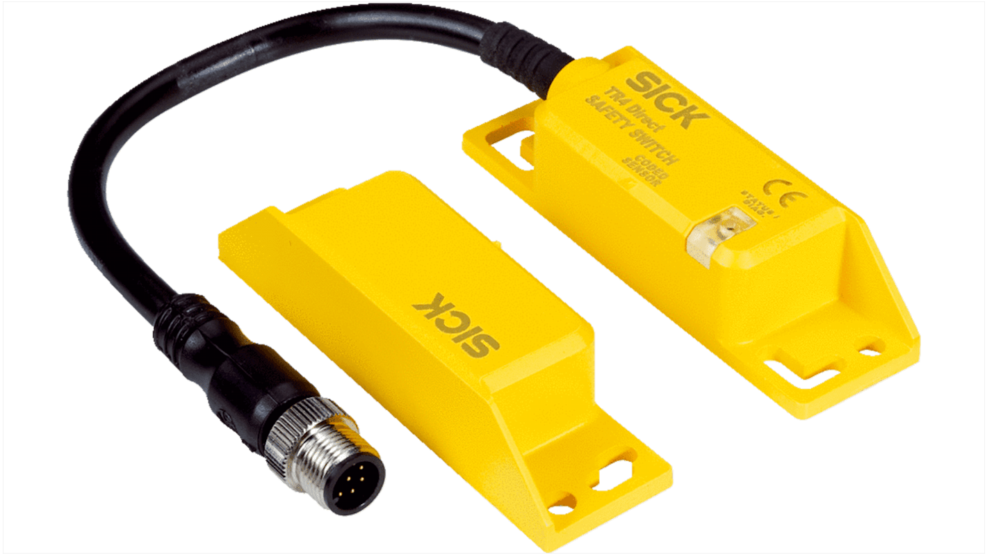 Interruttore di sicurezza Sick TR4, IP67/IP69K, 24V cc, 200mA, dimensioni 25x88x20mm, con attuatore e LED di stato.