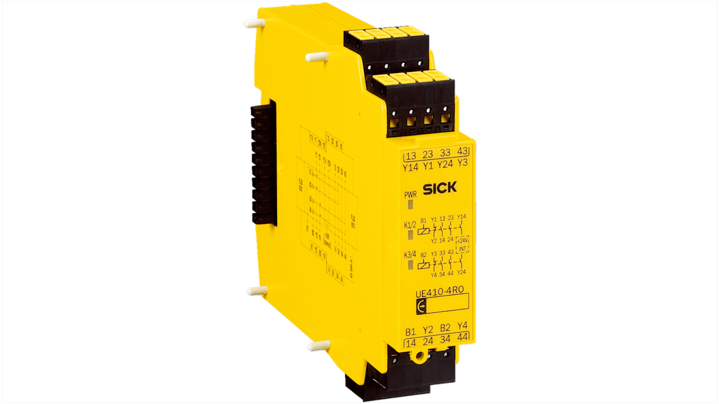 Controller di sicurezza Sick UE410-4RO401, rivelatore I/O, 24 V c.c., IP20/IP40, dimensioni 22,5 x 96,5 x 120,8 mm.