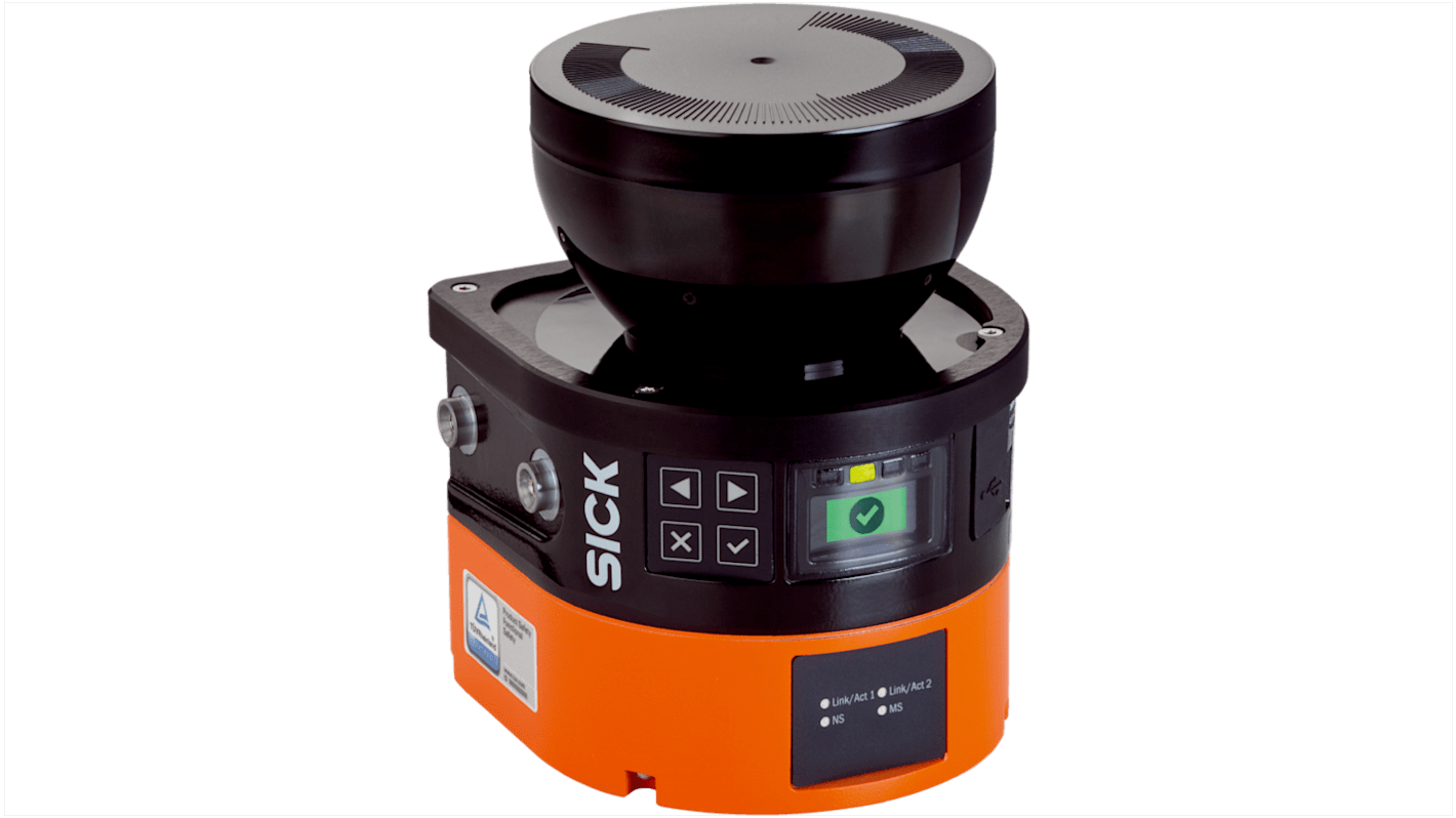 Laser scanner di sicurezza Sick MICS3-CBUZ40IZ1P01, distanza di rilevamento 4 m, dimensioni 114,6 x 150,7 x 114,6 mm.