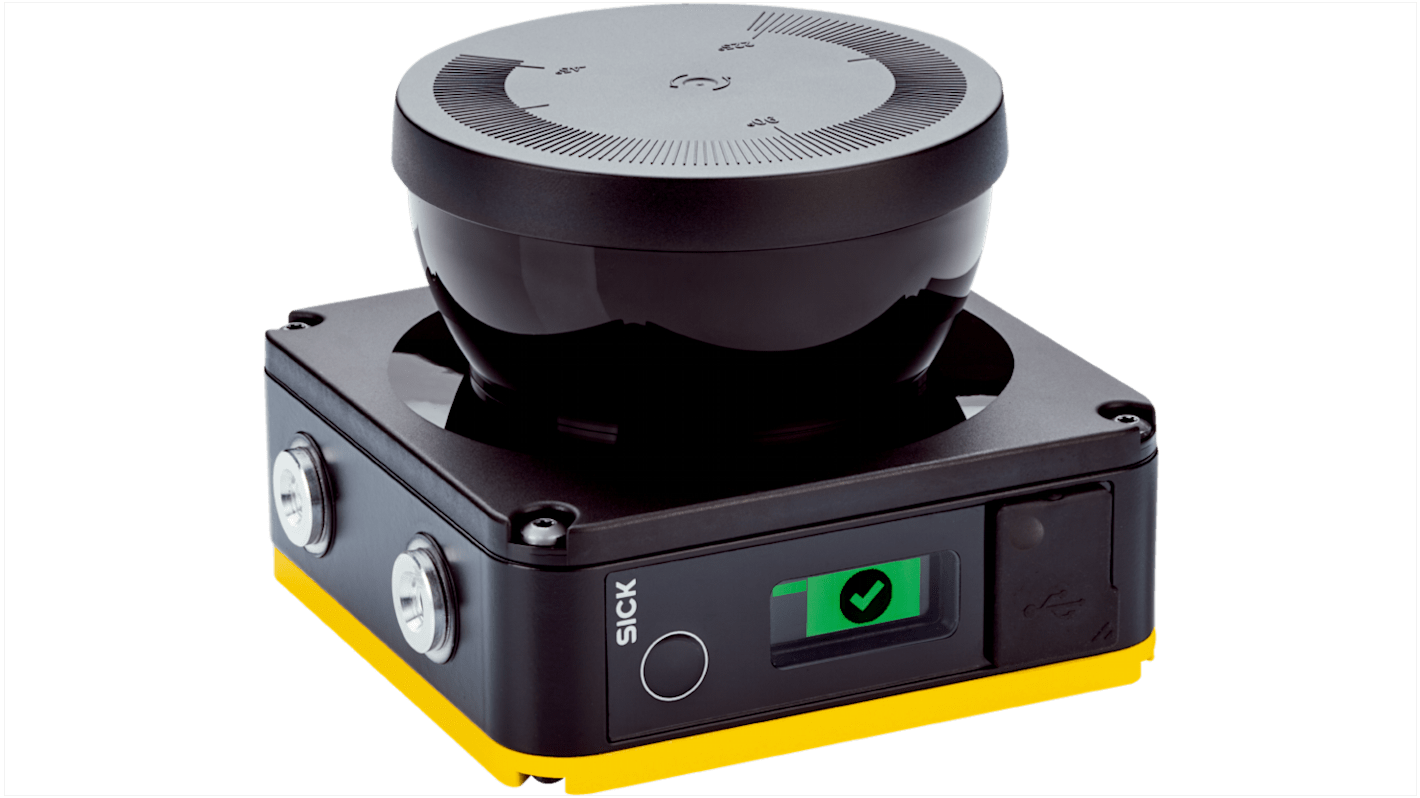 Scanner laser di sicurezza Sick NANS3-CAAZ30AN1, rilevamento fino a 3 m, angolo di scansione 275°, dimensioni 106,6 x 80 x 117,5 mm.
