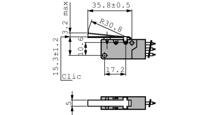 Microinterruttore Panasonic ABV161261 1CO, IP67, dimensioni 33x15,9x10,3 mm, corrente nominale 3A, struttura sigillata.