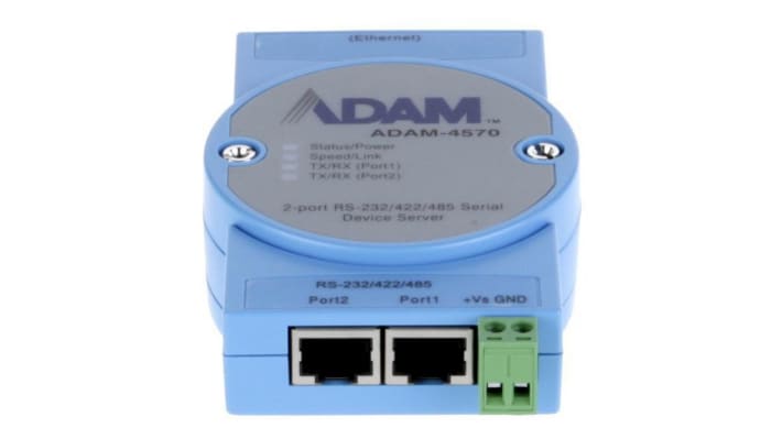 Gateway Advantech ADAM-4570, con 2 porte seriali configurabili e velocità di trasferimento fino a 100 Mbps.