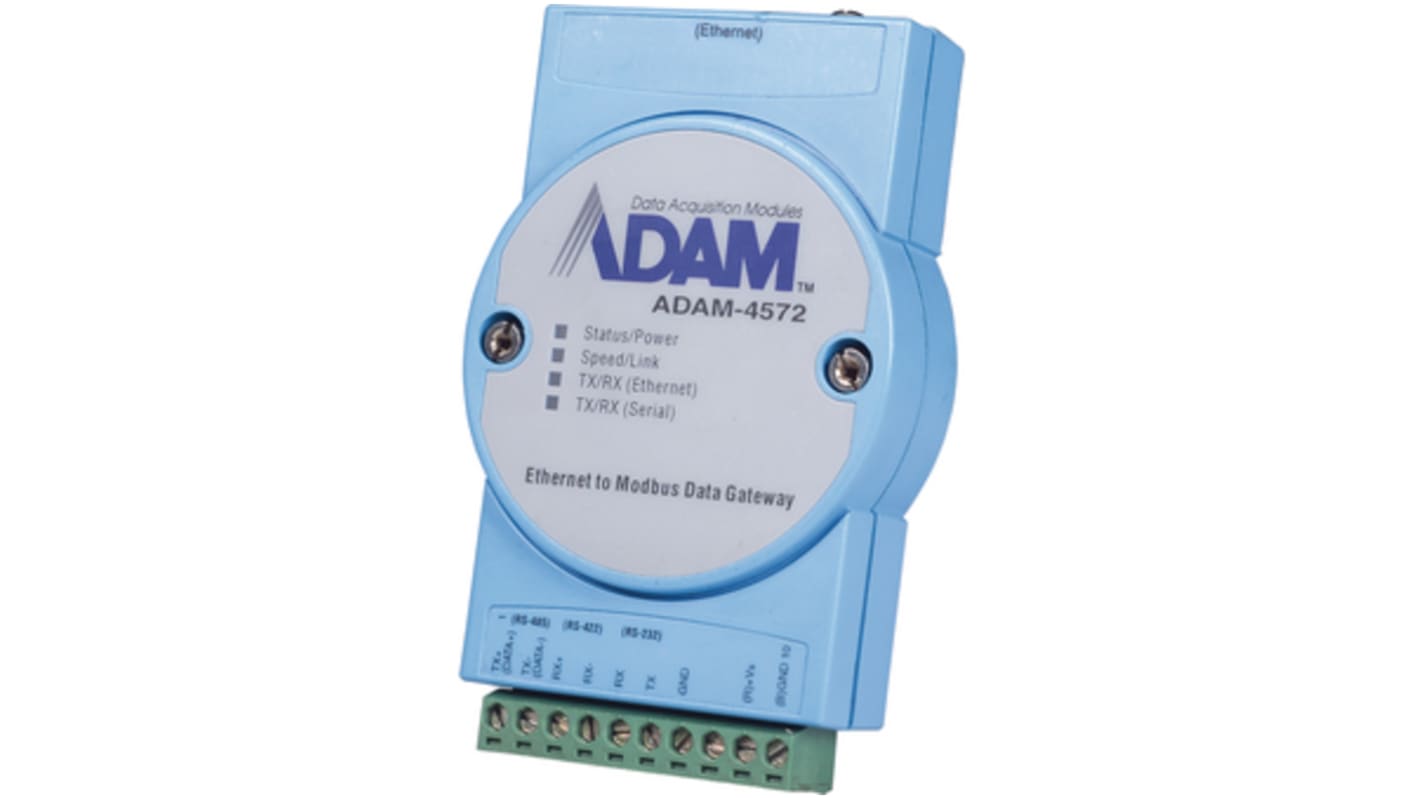 Advantech ADAM-4572, gateway Modbus a 1 porta, supporta 8 client e montaggio su guida DIN, protezione sovratensione.