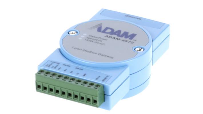 Advantech ADAM-4572, gateway Modbus a 1 porta, supporta 8 client e montaggio su guida DIN, protezione sovratensione.
