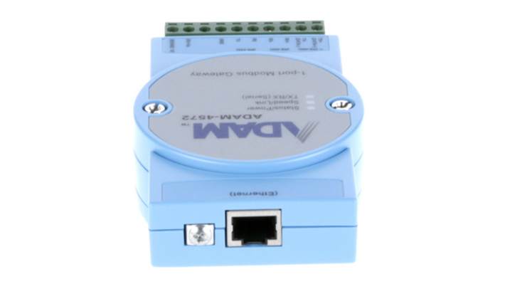 Advantech ADAM-4572, gateway Modbus a 1 porta, supporta 8 client e montaggio su guida DIN, protezione sovratensione.