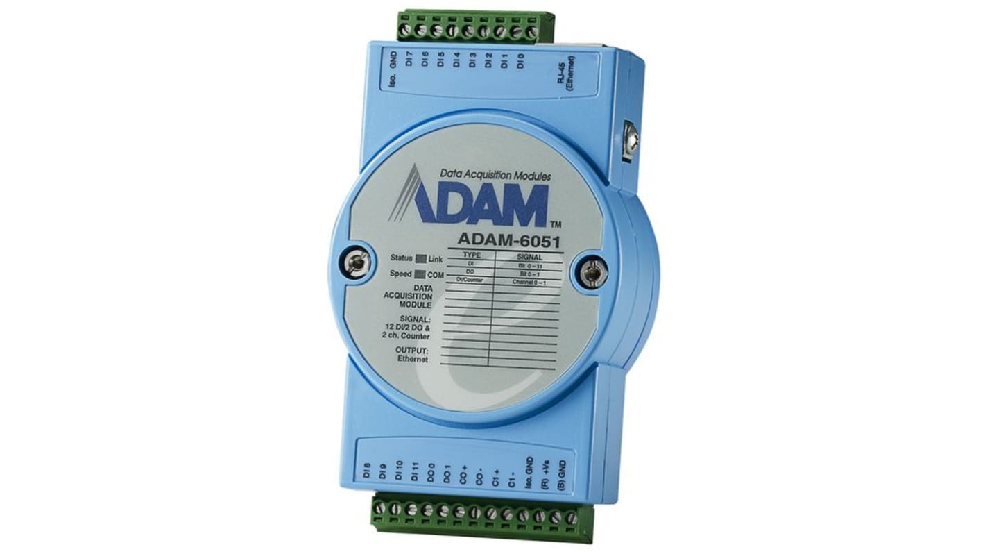 Modulo Ethernet Advantech ADAM-6051, 16 ingressi e 8 uscite digitali isolate, protocollo Modbus TCP, alimentazione 30 V.