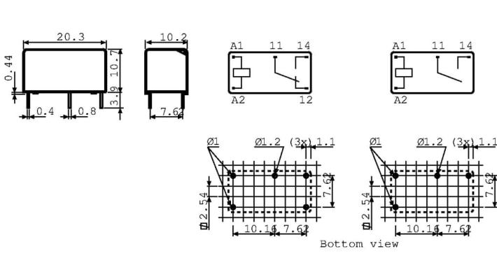 Relè di potenza Finder SPDT, bobina 5V, montaggio su PCB, corrente 6A, design compatto per applicazioni DC.
