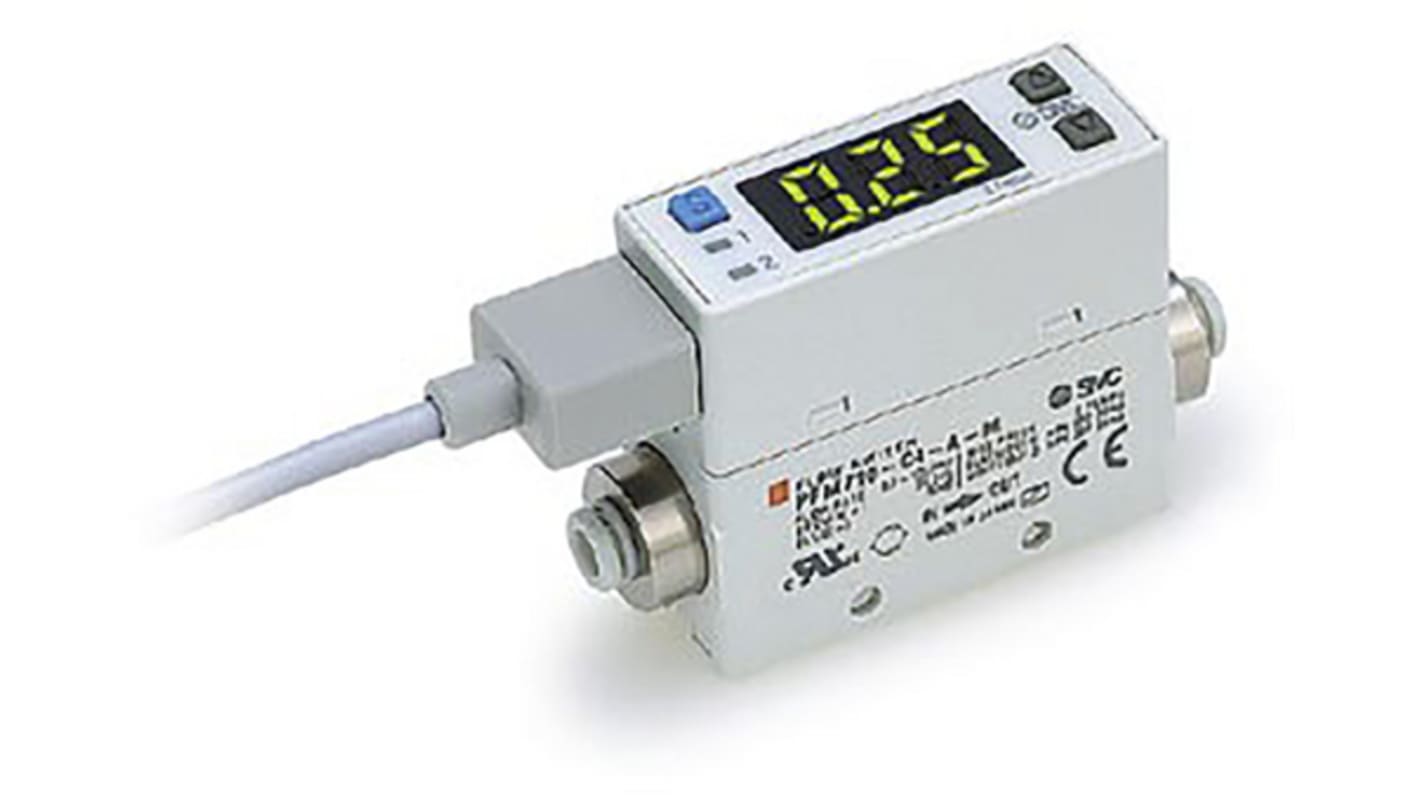 SMC PFM711-F02-E, sensore di flusso digitale per monitoraggio fluidi, flusso 2-100 L/min, alimentazione 24 V, display integrato.