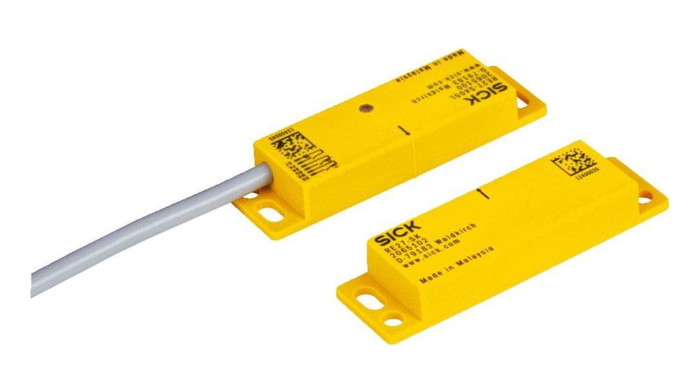 Interruttore di sicurezza senza contatto Sick RE27-SA68LS04, 30V cc, contatti 2NO, protezione IP67, dimensioni 37mm x 15mm.