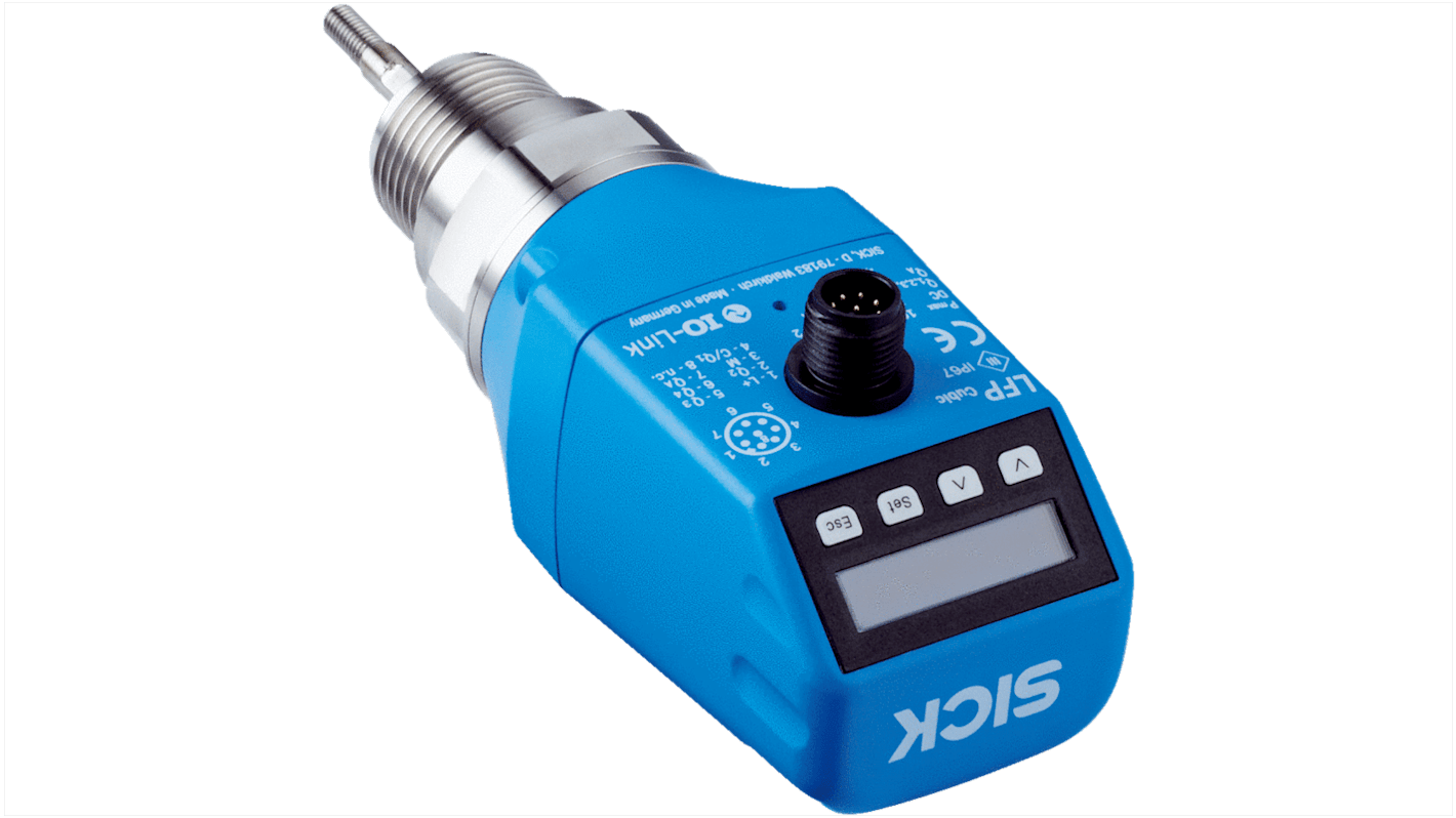 Sensore di livello Sick LFP0025-B4NMB, TDR, corpo in plastica PBT, uscita NPN/PNP, M12, -20/+60°C, 12-30V, 10 bar.