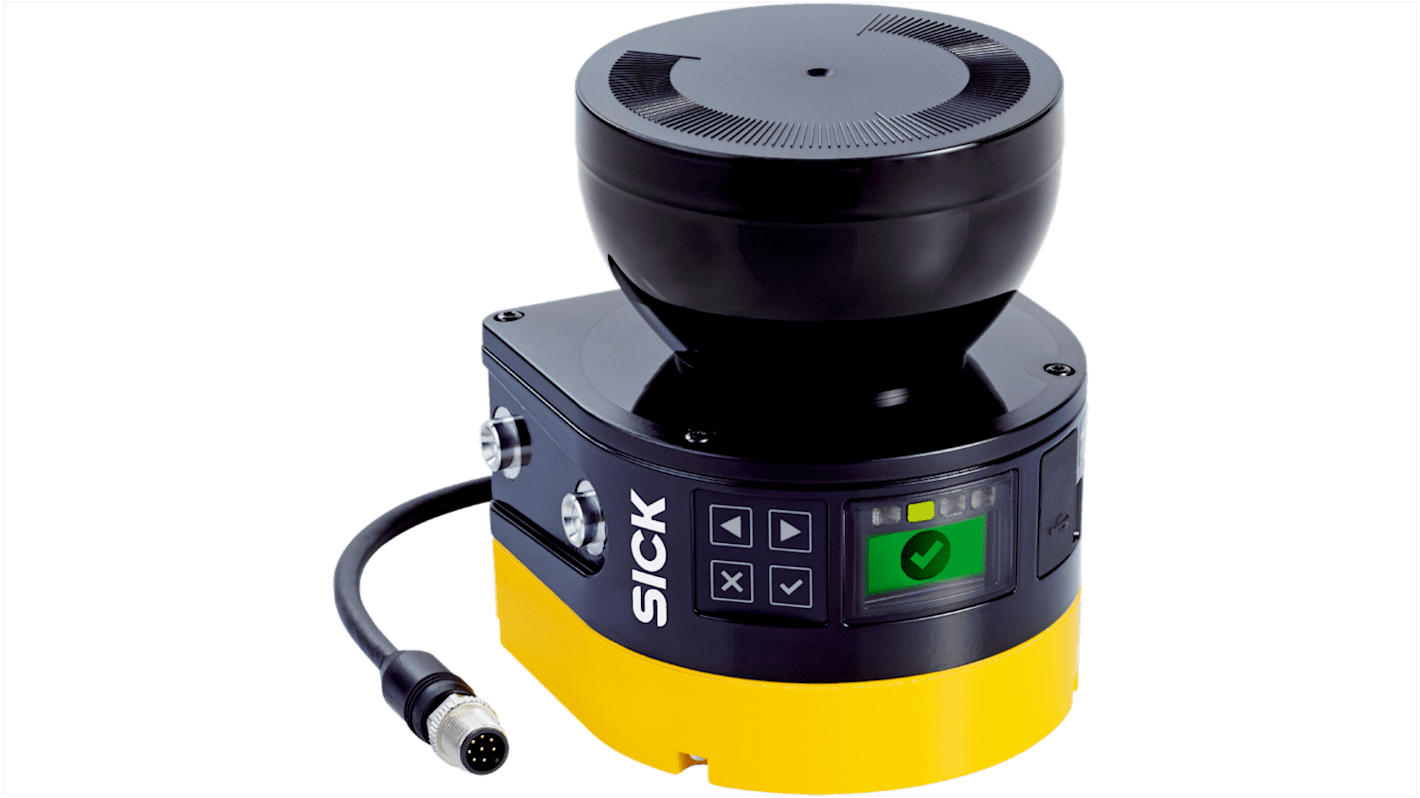 Laser scanner di sicurezza Sick MICS3-AAAZ55AZ1P01, campo di protezione fino a 9 m, angolo di scansione 275 gradi. Dimensioni 112 x 135,1 x 111,1 mm.