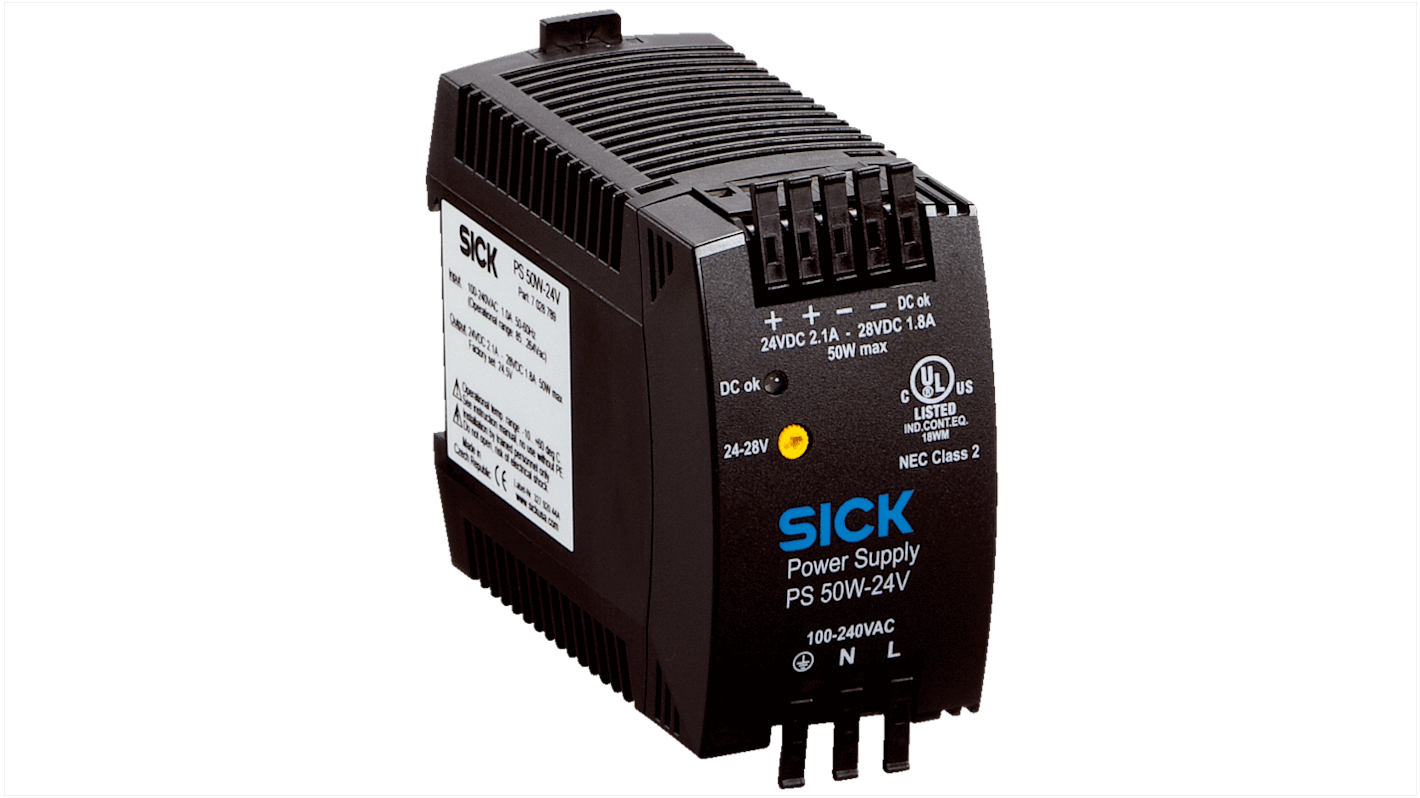 Alimentatore industriale Sick PS50WE24V, grado di protezione IP20, progettato per applicazioni affidabili e sicure.