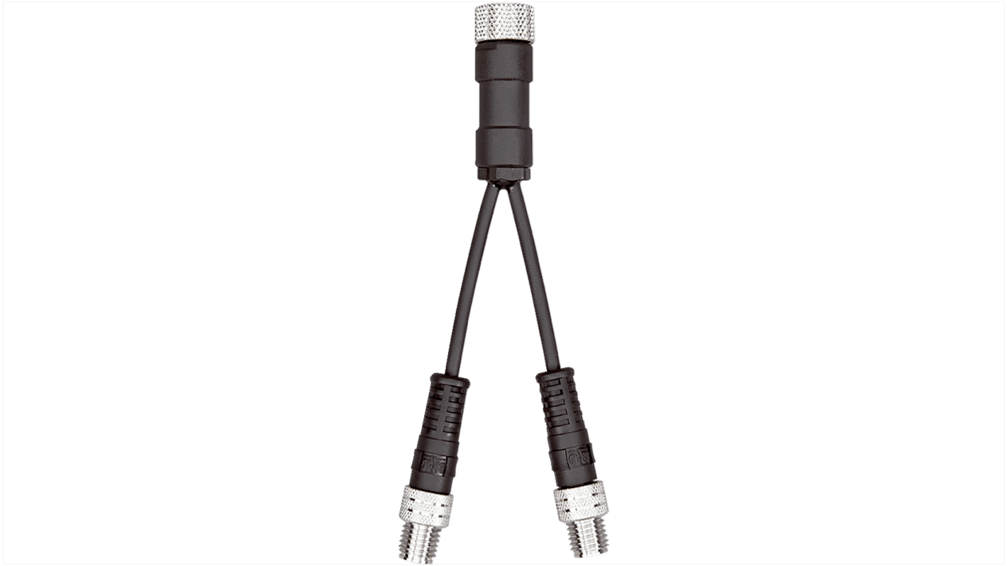 Connettore Sick SBO-02C08-KBD, giunzione a Y in TPU, maschio e femmina, per cavi sensore/attuatore, operante da -30 a +90 °C.