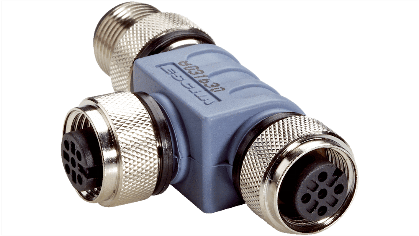 Connettore Sick SBO-02G12-SM, giunzione a Y in TPU, maschio e femmina, per cavi sensore/attuatore, operante da -30 a +90 °C.