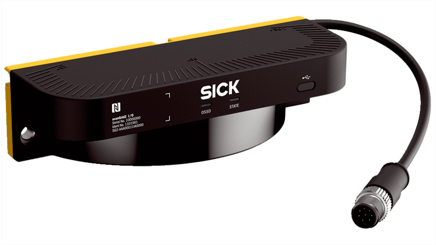 Scanner di sicurezza Sick SG2-AAA00011IA0000, tecnologia LiDAR, campo di scansione 1,1 m, dimensioni 160 x 43 x 56 mm.
