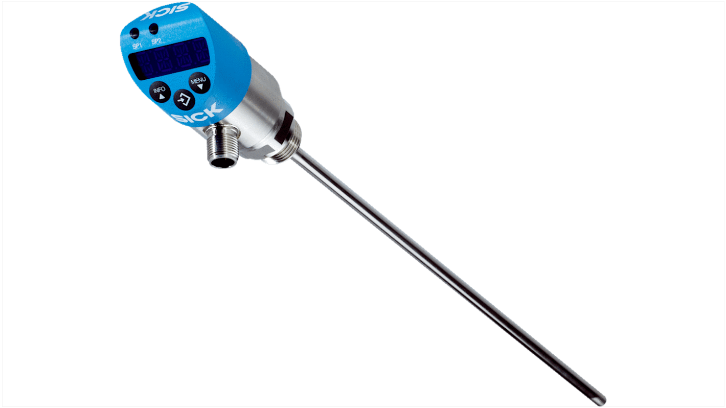 Sensore RTD PT100 Sick TBS-1BSGT3506FM, sonda 350mm, precisione ± 0,15°C, connettore M12, design robusto.