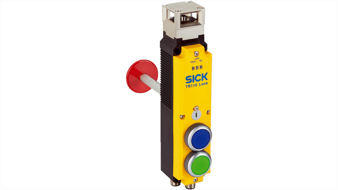 Interruttore di interblocco di sicurezza Sick TR110-SRU2B01, alimentazione 24V cc, grado di protezione IP65, dimensioni 190 x 56 x 40mm.