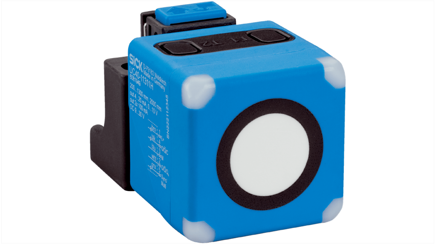 Sensore a ultrasuoni Sick UC40-11311H, rilevamento distanza fino a 5000 mm, uscita PNP/NPN, grado di protezione IP65/IP67.