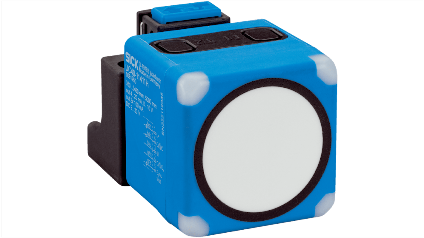 Sensore a ultrasuoni Sick UC40-11411B, rilevamento distanza fino a 5000 mm, uscita PNP/NPN, grado di protezione IP65/IP67.