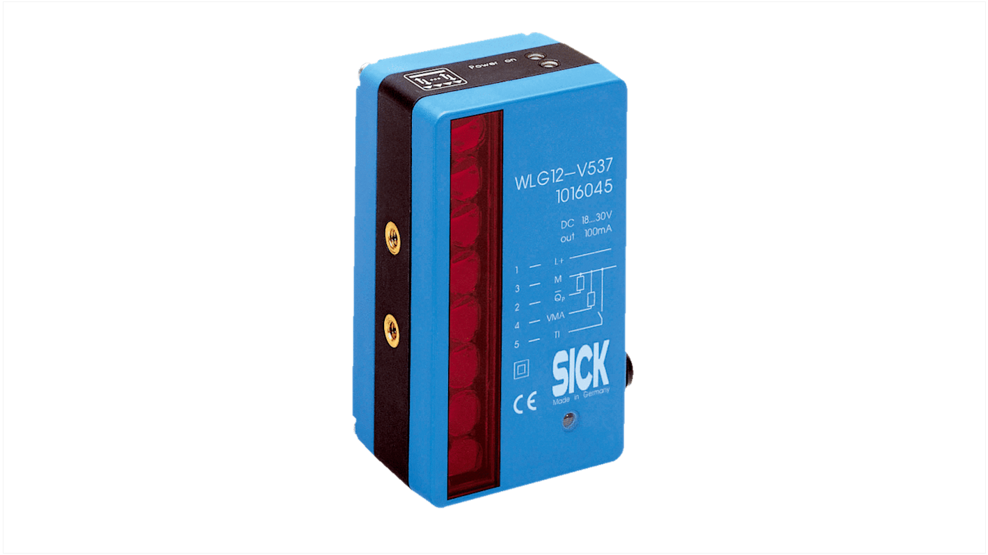 Griglia luminosa Sick WLG12-V537, altezza di rilevamento 100 mm, gamma 1,5 m, IP67, dimensioni 106 x 62 x 46,6 mm.