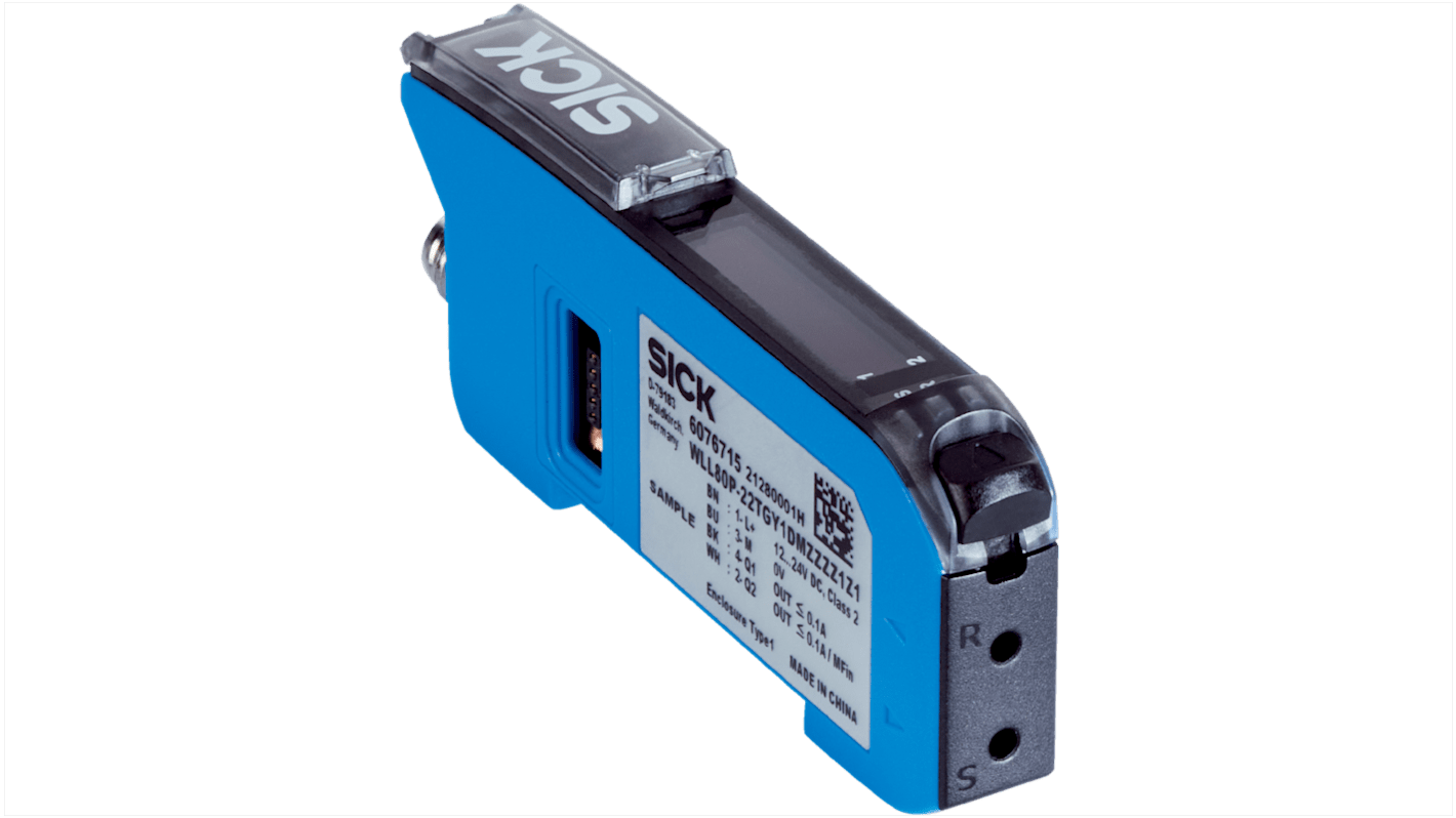 Sensore Sick WLL80P-22TGY1DMZZZZ1Z1 per fibre ottiche, PNP/NPN, con connettore M8, grado di protezione IP54, dimensioni 10,5 x 33,2 x 79,9 mm.