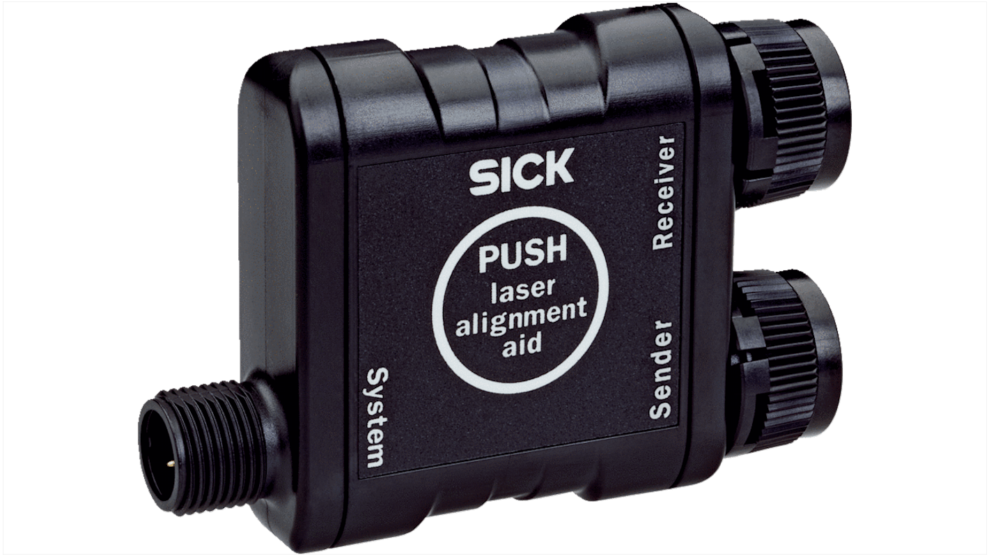 Connettore a T M12 5-pin Sick 2077933 con pulsante per allineamento laser, adatto per applicazioni industriali.