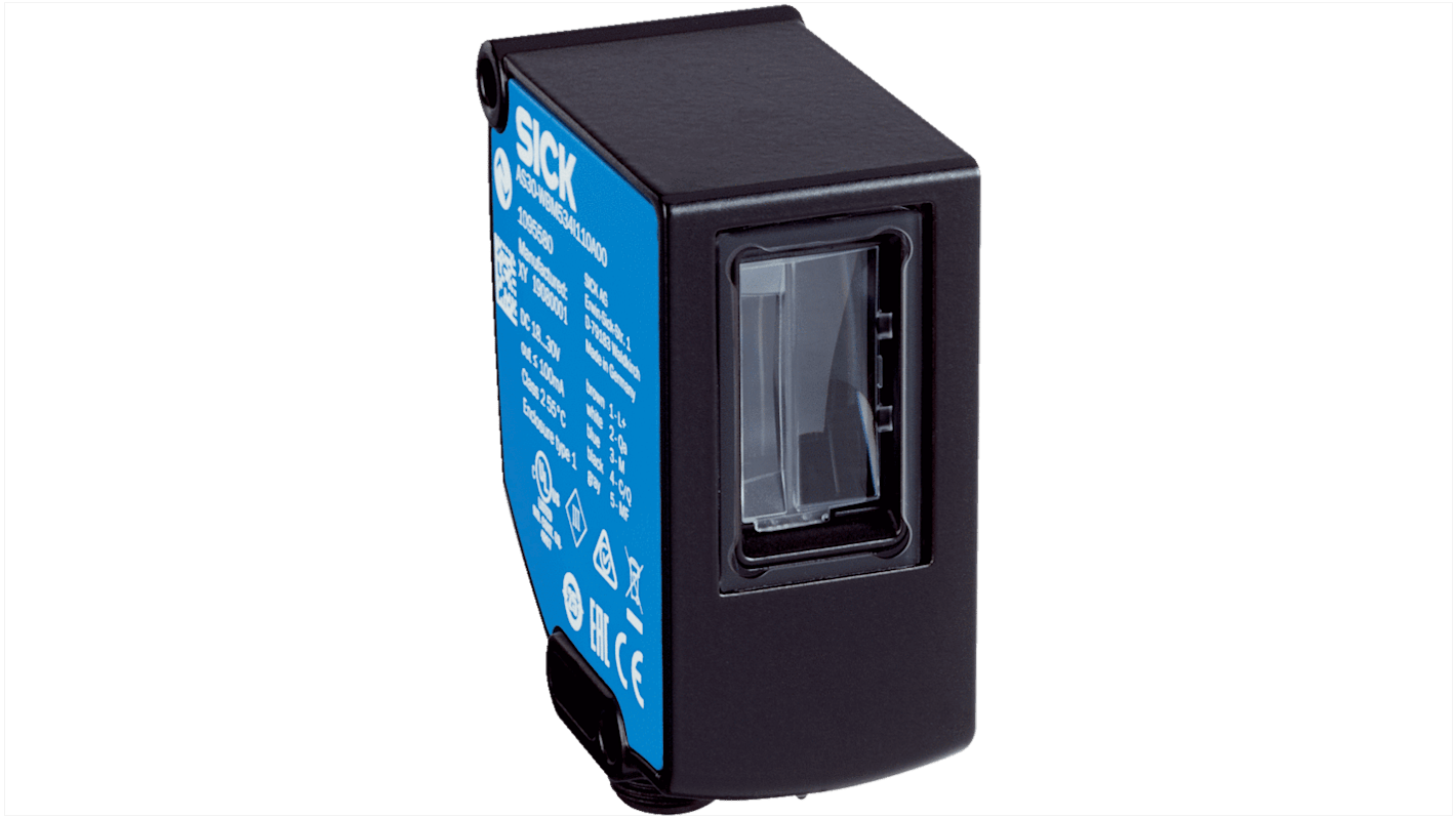 Sensore di colore LED Sick AS30-WBM534I220A00, rilevamento 100 mm, uscita PNP/NPN, grado di protezione IP67.