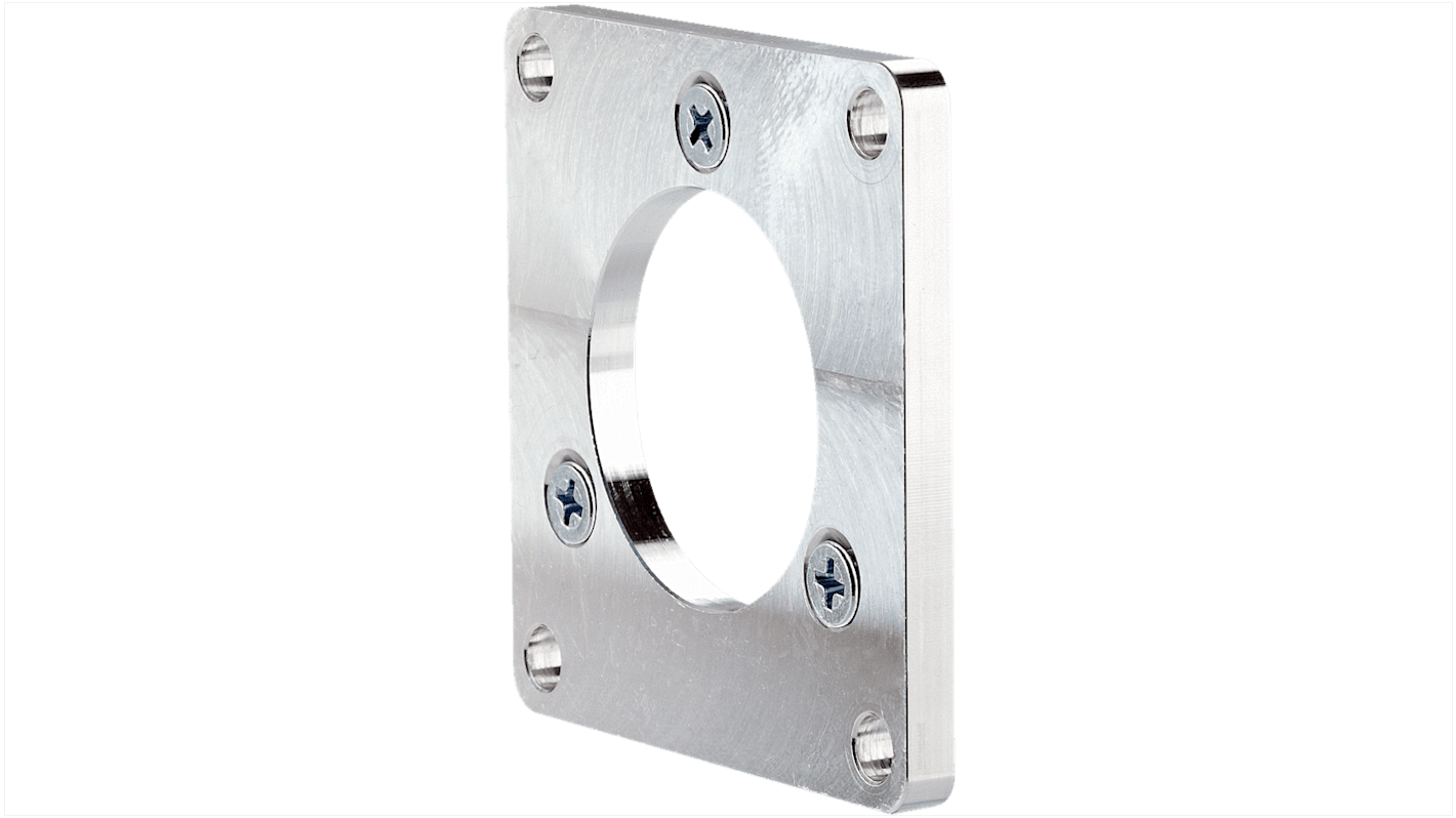 Piastra flangiata Sick BEF-FA-036-063REC in alluminio, compatibile con mozzo da 36 mm e piastra quadrata da 63 mm, include 3 viti M4.