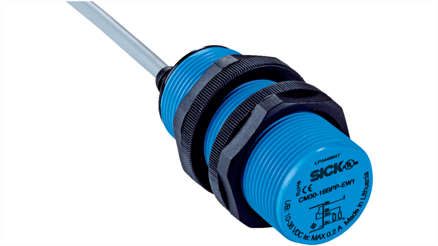 Sensore capacitivo cilindrico Sick CM30-16BAP-KW1, uscita NA/NC, rilevamento 2-16 mm, IP67, alimentazione 20-250 V.