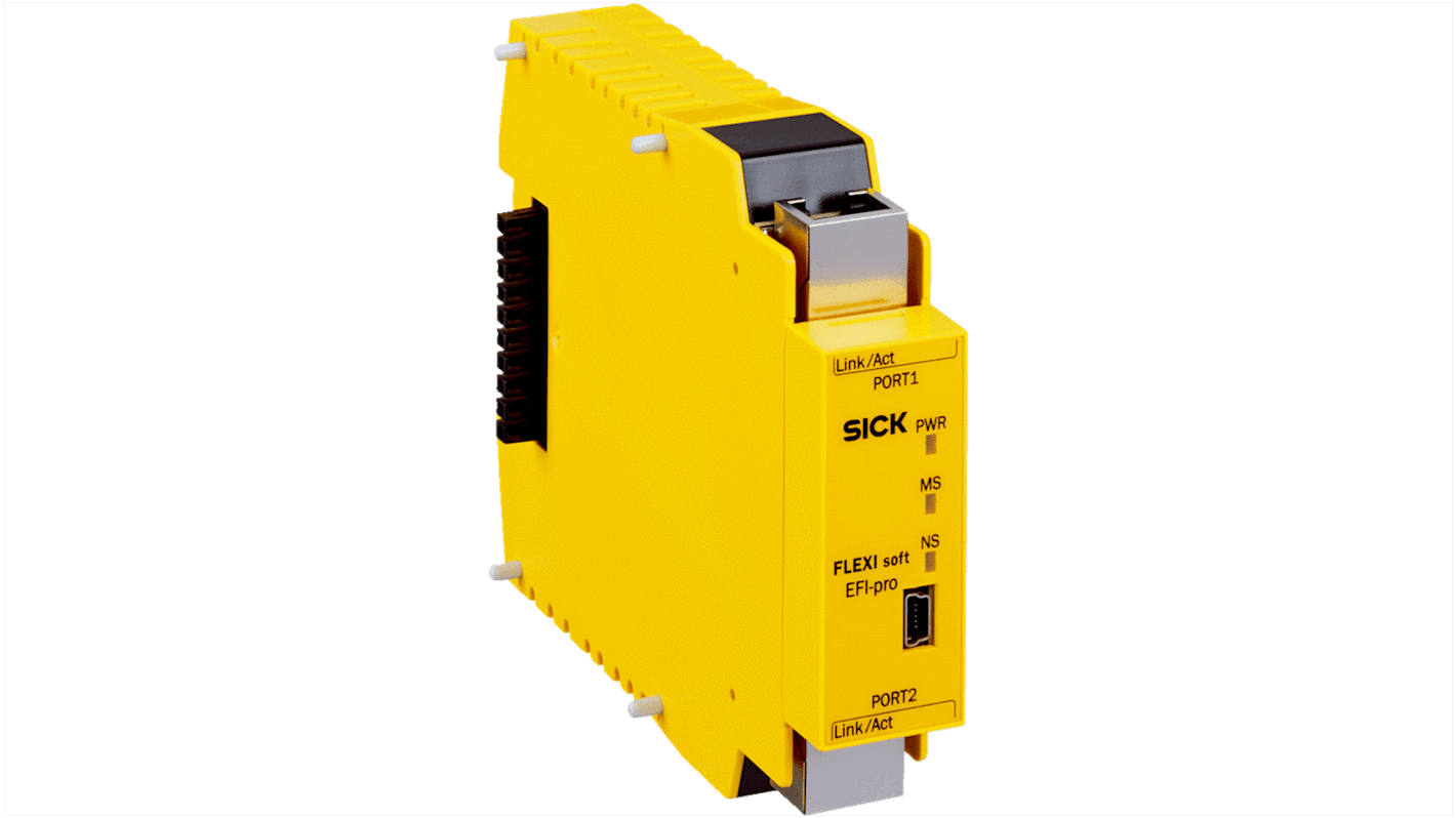 Sick FX3-GEPR00000, controller di sicurezza modulare SIL 3, dimensioni 22,5 x 96,5 x 120,8 mm, compatibile con EtherNet/IP CIP Safety.