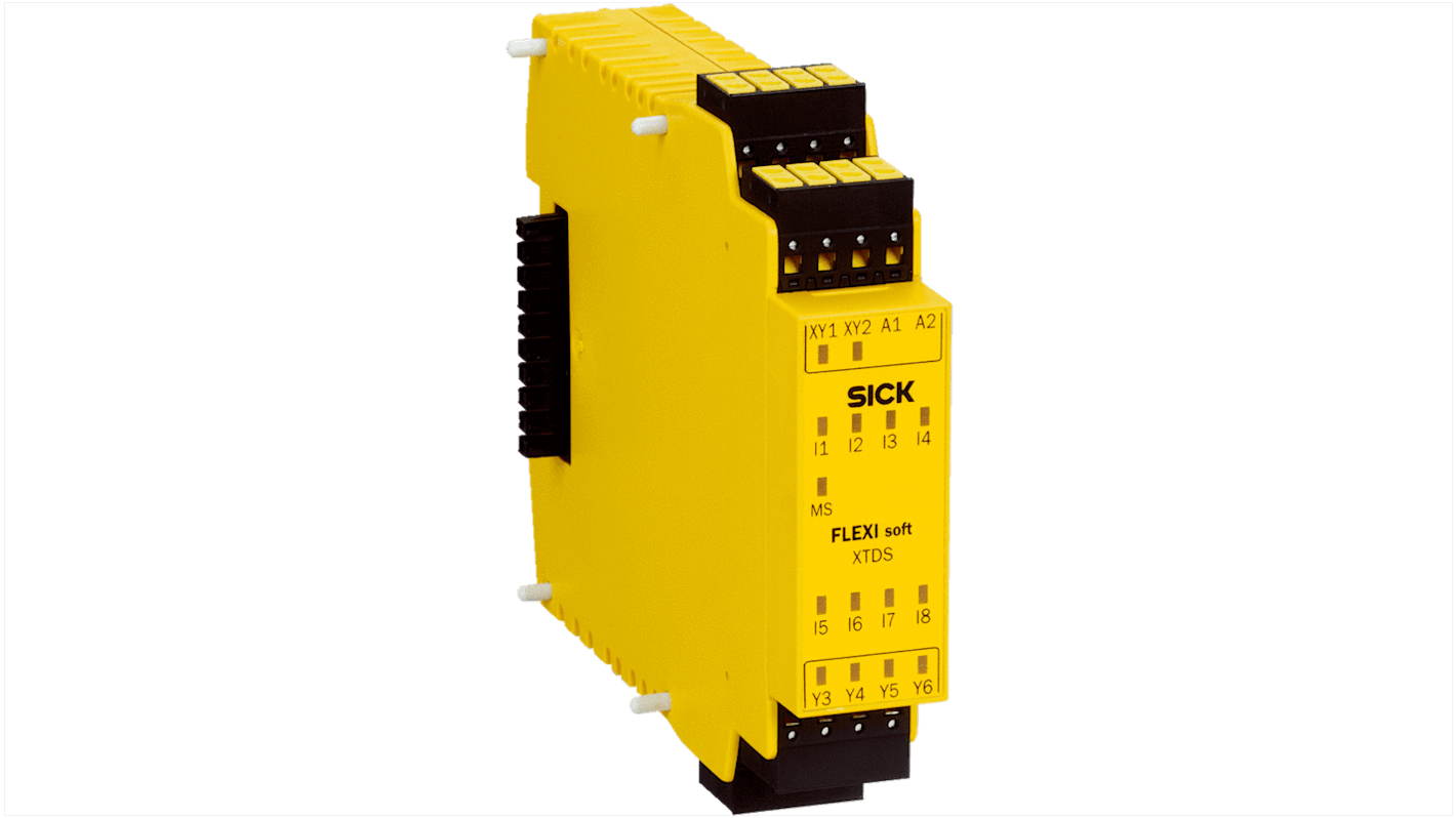 Controller di sicurezza Sick FX3-XTDS84002, 8 ingressi, SIL 3, alimentazione 13-30 V dc, dimensioni 22,5 x 96,5 x 120,8 mm.