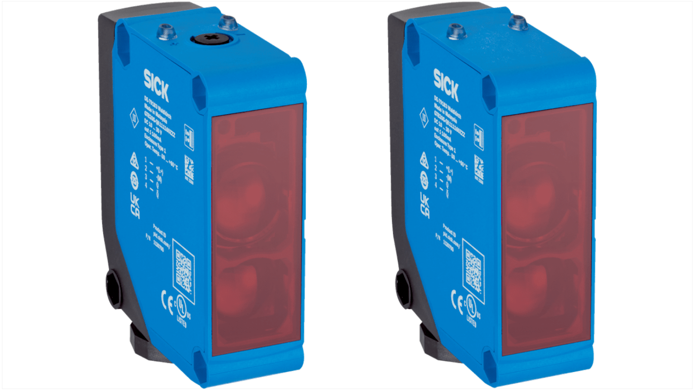 Sensore fotoelettrico rettangolare Sick GSE20G-QLRC2170ZZZ, rilevamento fino a 120 m, uscita relè, IP67, temperatura -30/+60 °C.